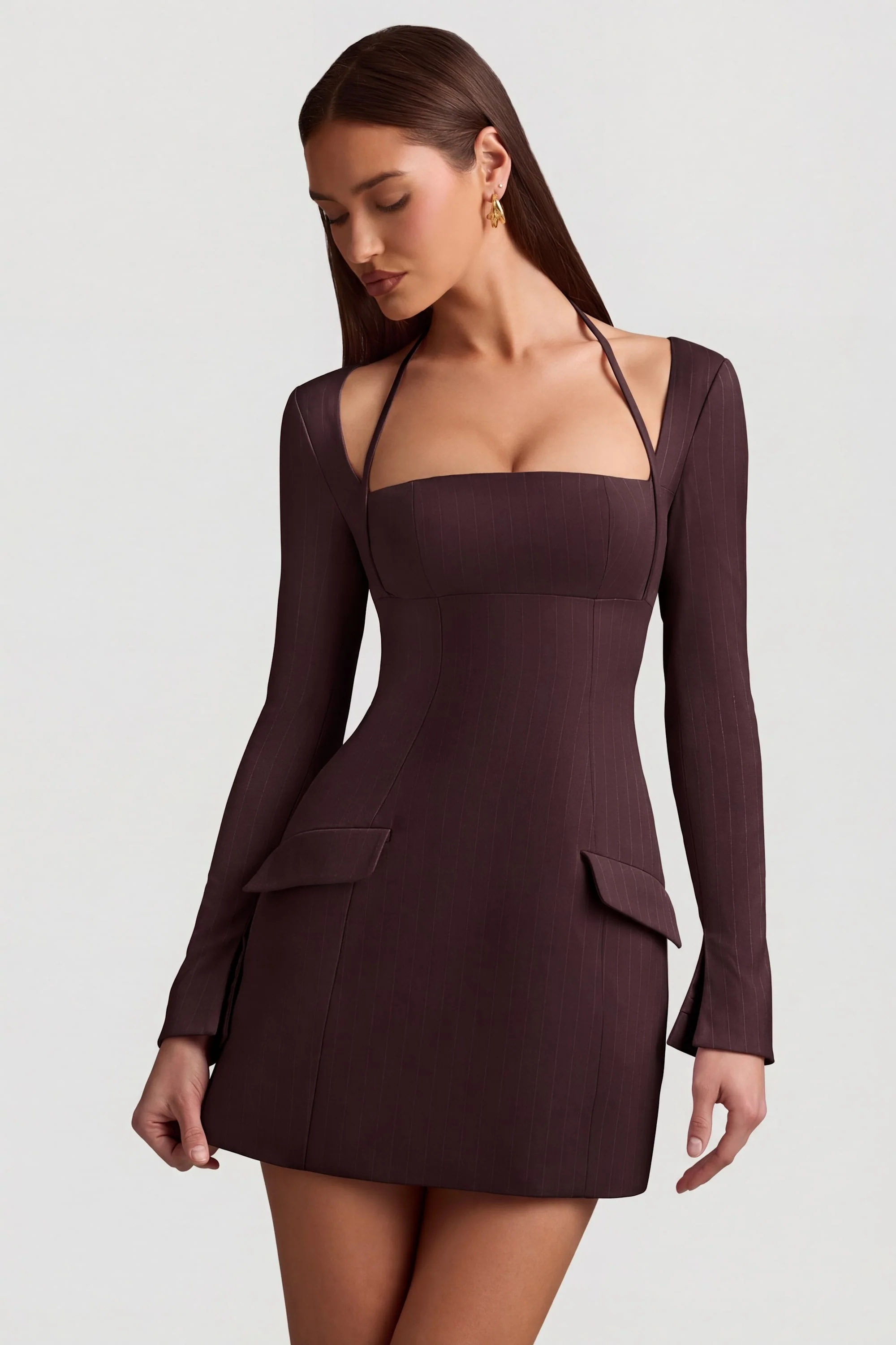 Pinstripe Structured A-Line Mini Dress in Chocolate Brown - Image 7