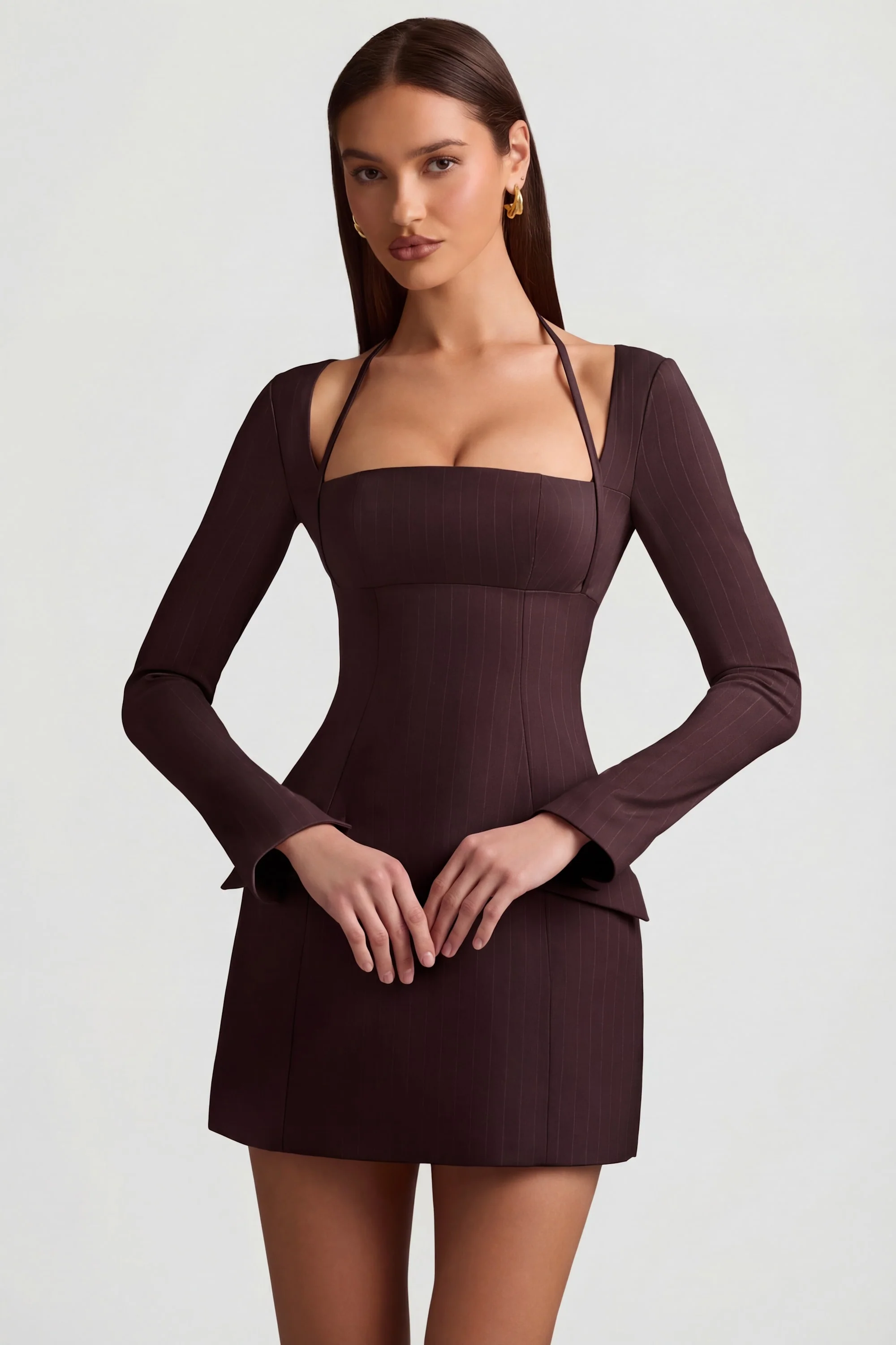 Pinstripe Structured A-Line Mini Dress in Chocolate Brown - Image 8