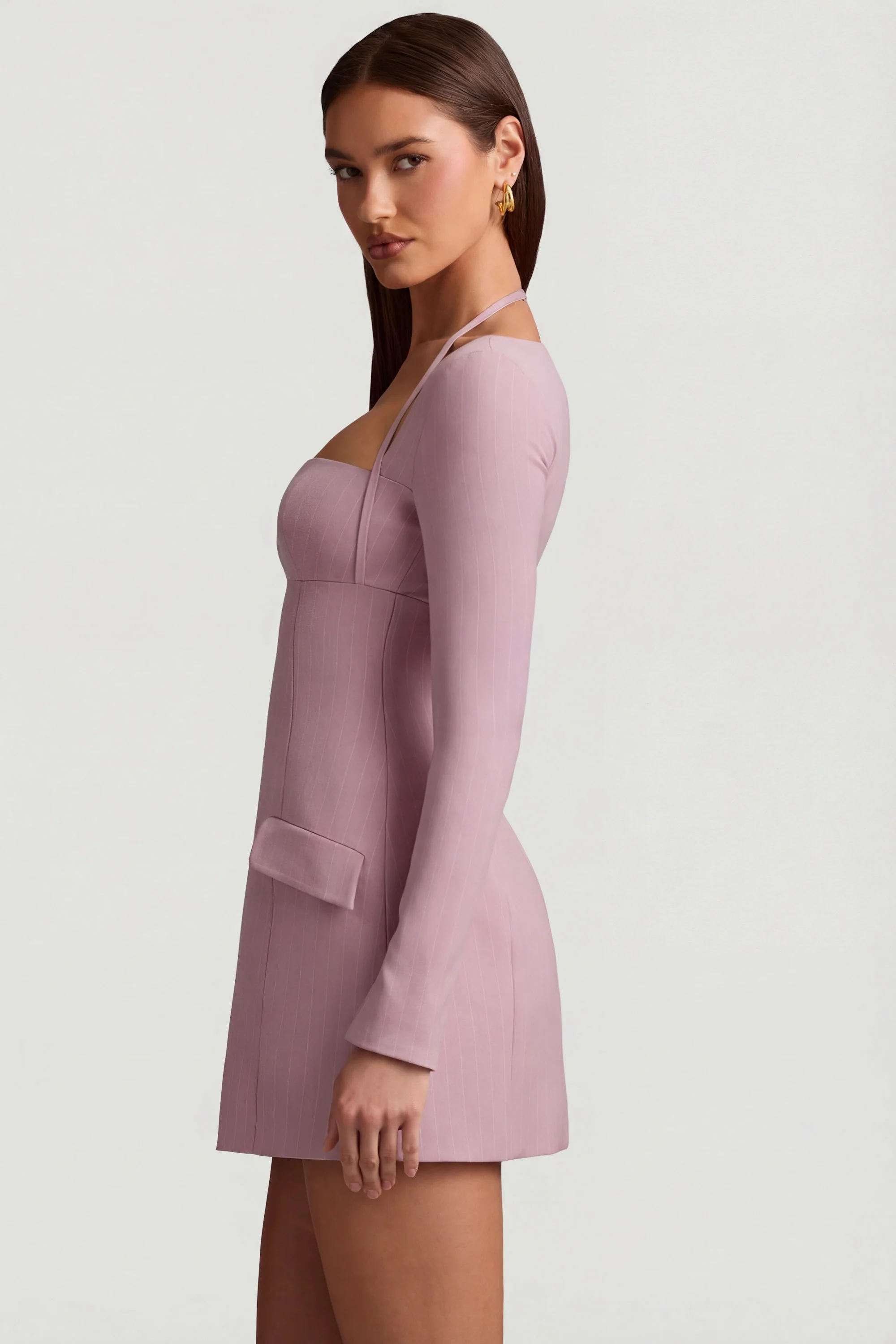 Pinstripe Structured A-Line Mini Dress in Mauve - Image 4
