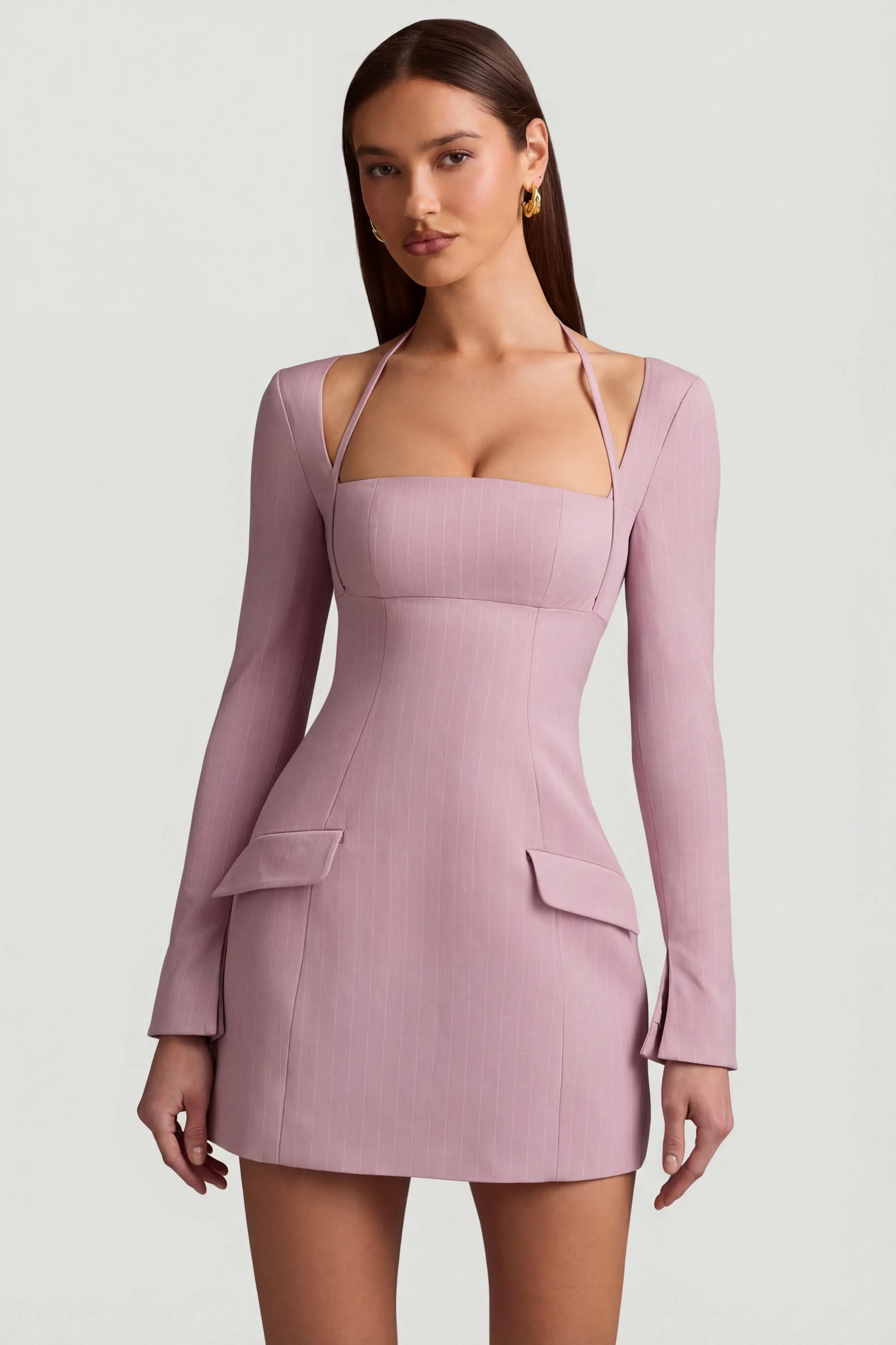 Pinstripe Structured A-Line Mini Dress in Mauve - Image 5