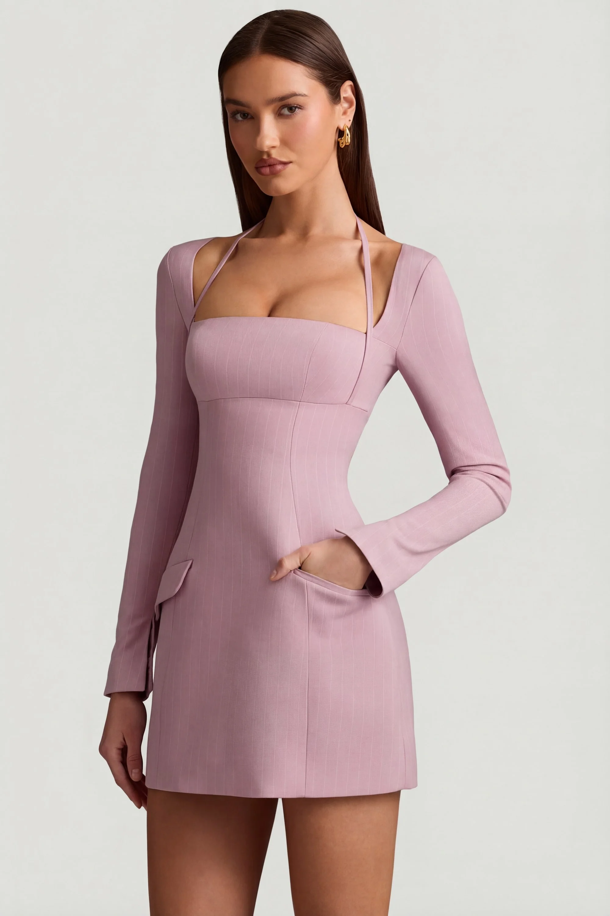 Pinstripe Structured A-Line Mini Dress in Mauve - Image 6