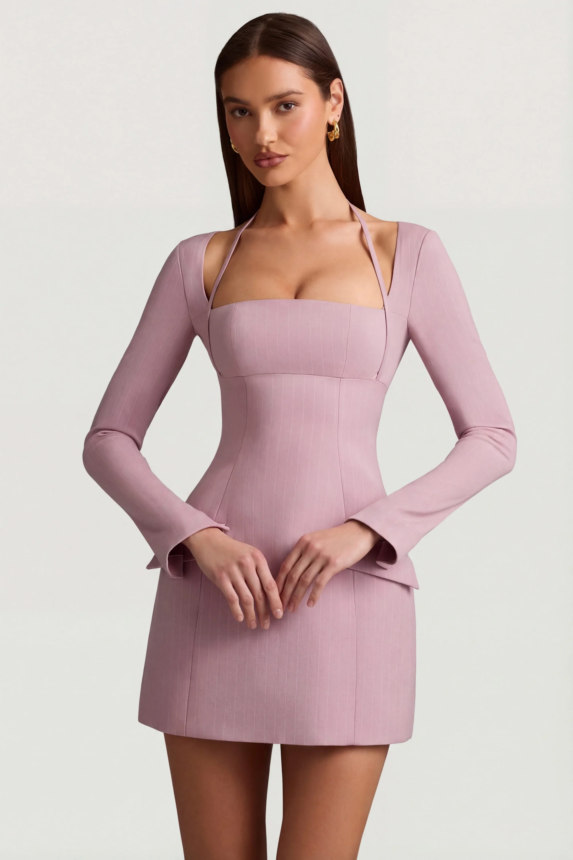 Pinstripe Structured A-Line Mini Dress in Mauve - Image 7