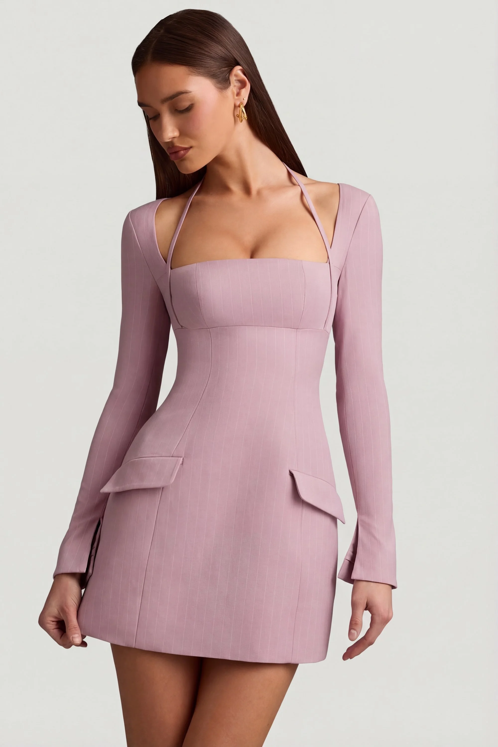 Pinstripe Structured A-Line Mini Dress in Mauve - Image 9