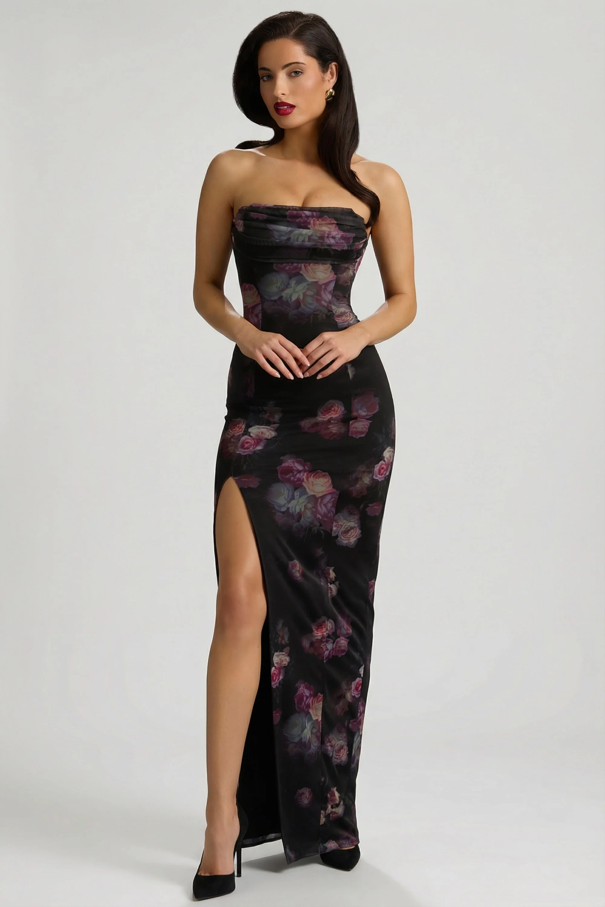 Bandeau Cowl-Neck Maxi Dress in Black Floral Print - Image 13