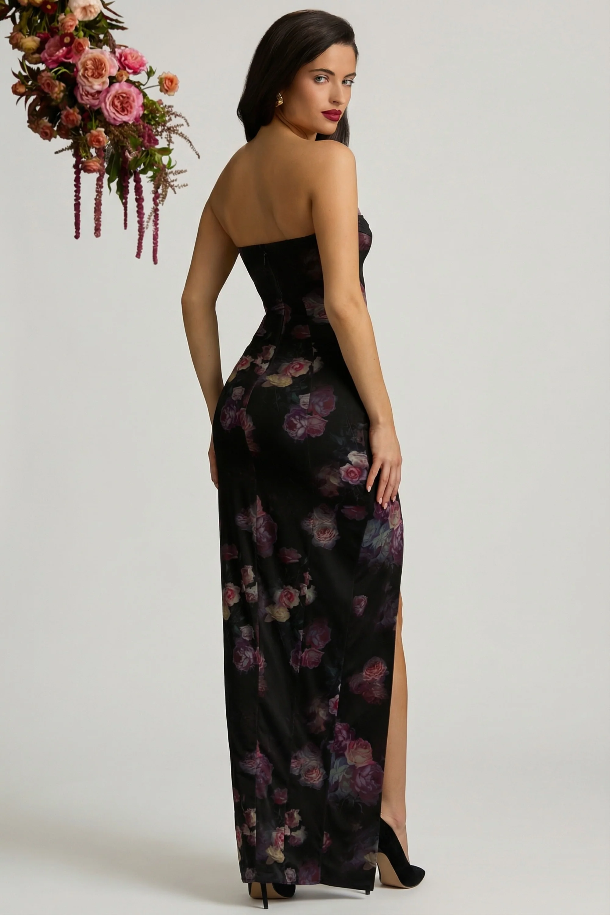 Bandeau Cowl-Neck Maxi Dress in Black Floral Print - Image 15