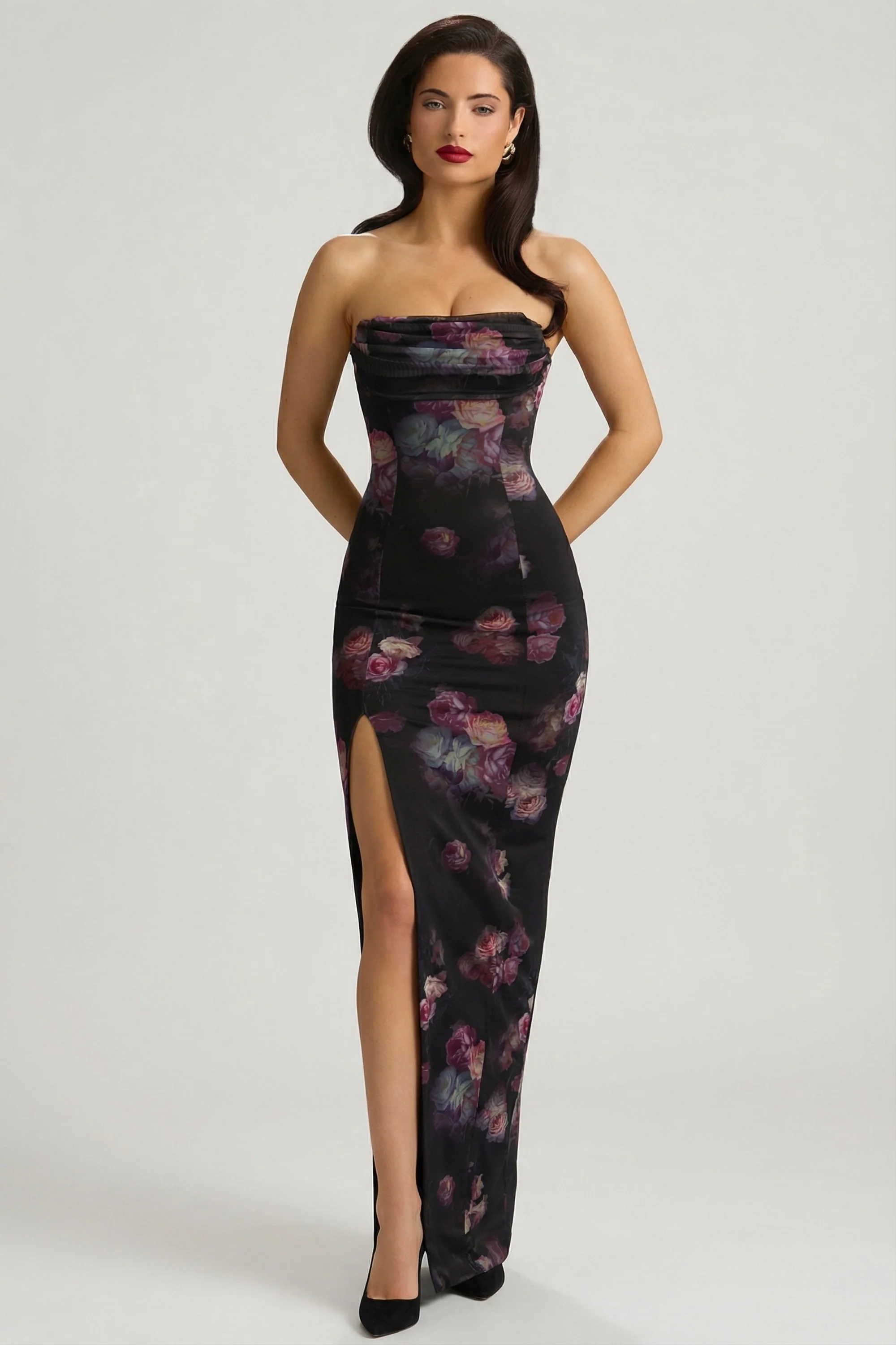 Bandeau Cowl-Neck Maxi Dress in Black Floral Print - Image 9