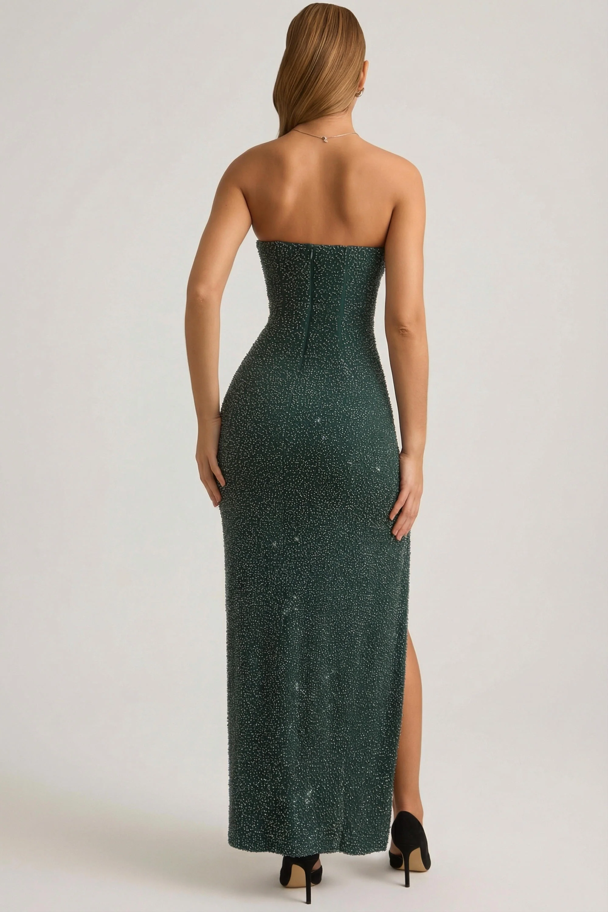 Embellished Strapless Cowl-Neck Maxi Dress in Emerald Green - Image 2