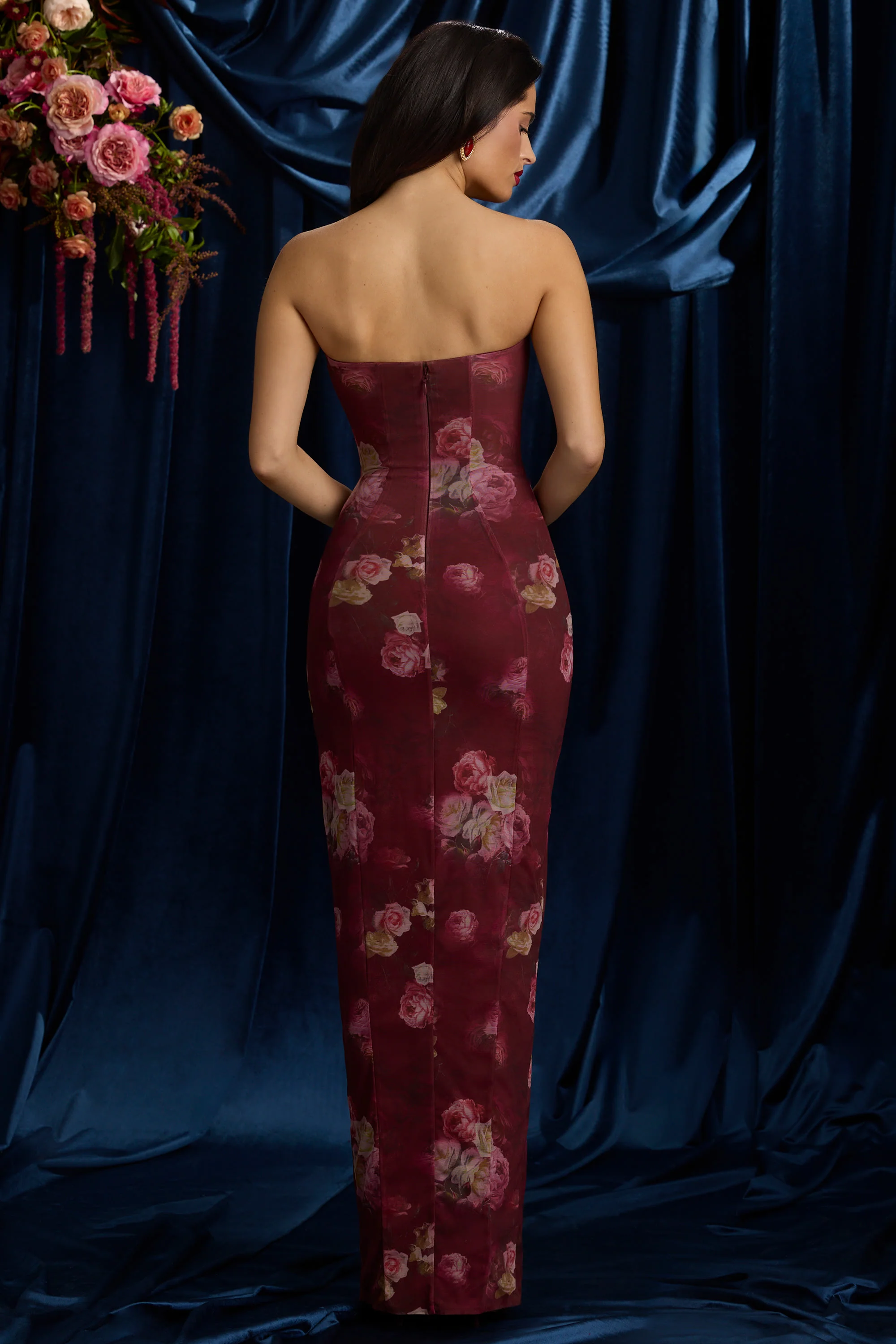 Bandeau Cowl-Neck Maxi Dress in Maroon Floral Print - Image 10