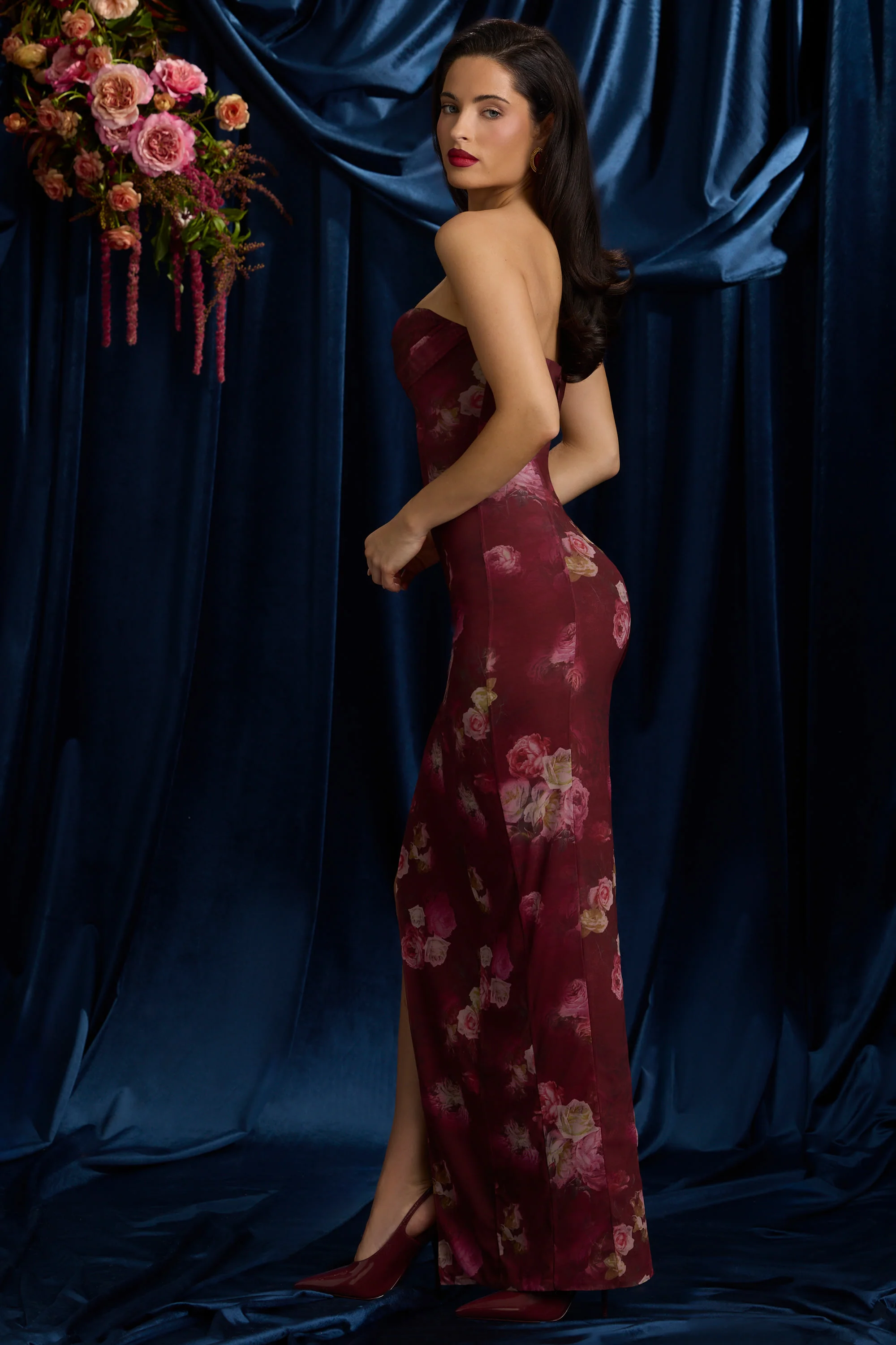 Bandeau Cowl-Neck Maxi Dress in Maroon Floral Print - Image 15