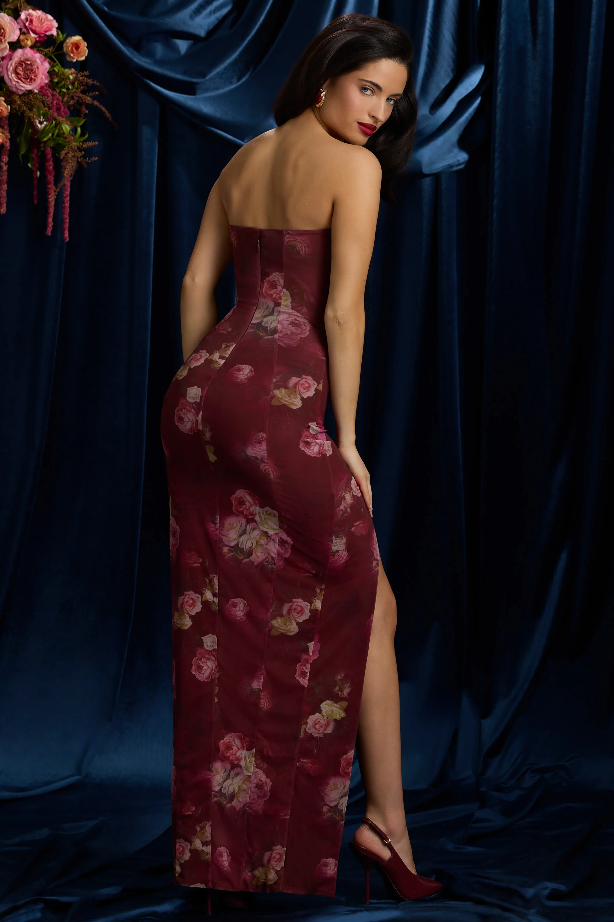 Bandeau Cowl-Neck Maxi Dress in Maroon Floral Print - Image 16