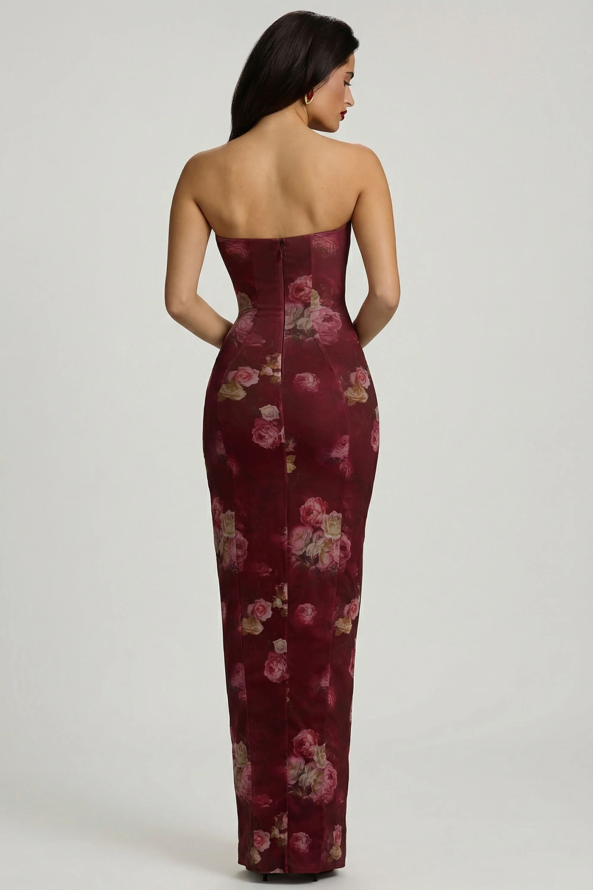 Bandeau Cowl-Neck Maxi Dress in Maroon Floral Print - Image 3