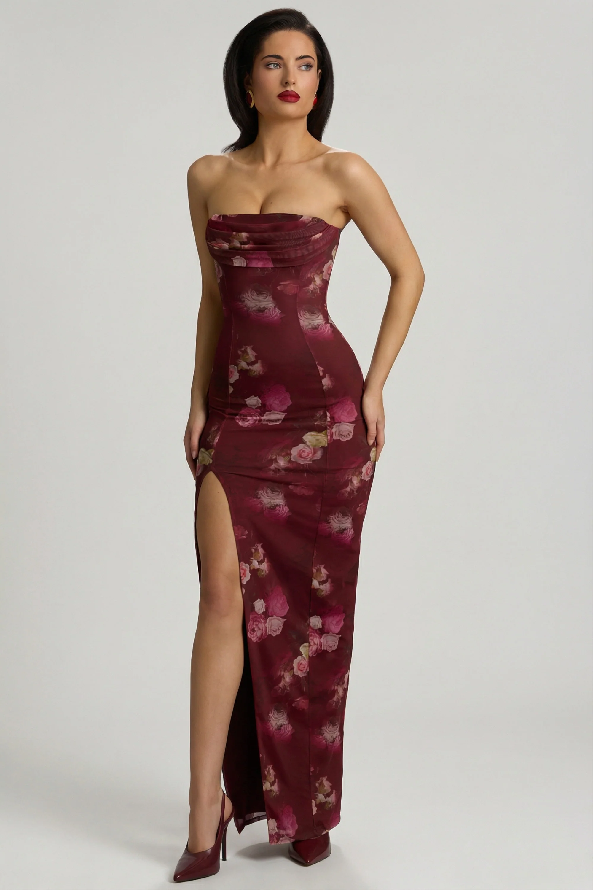 Bandeau Cowl-Neck Maxi Dress in Maroon Floral Print - Image 4