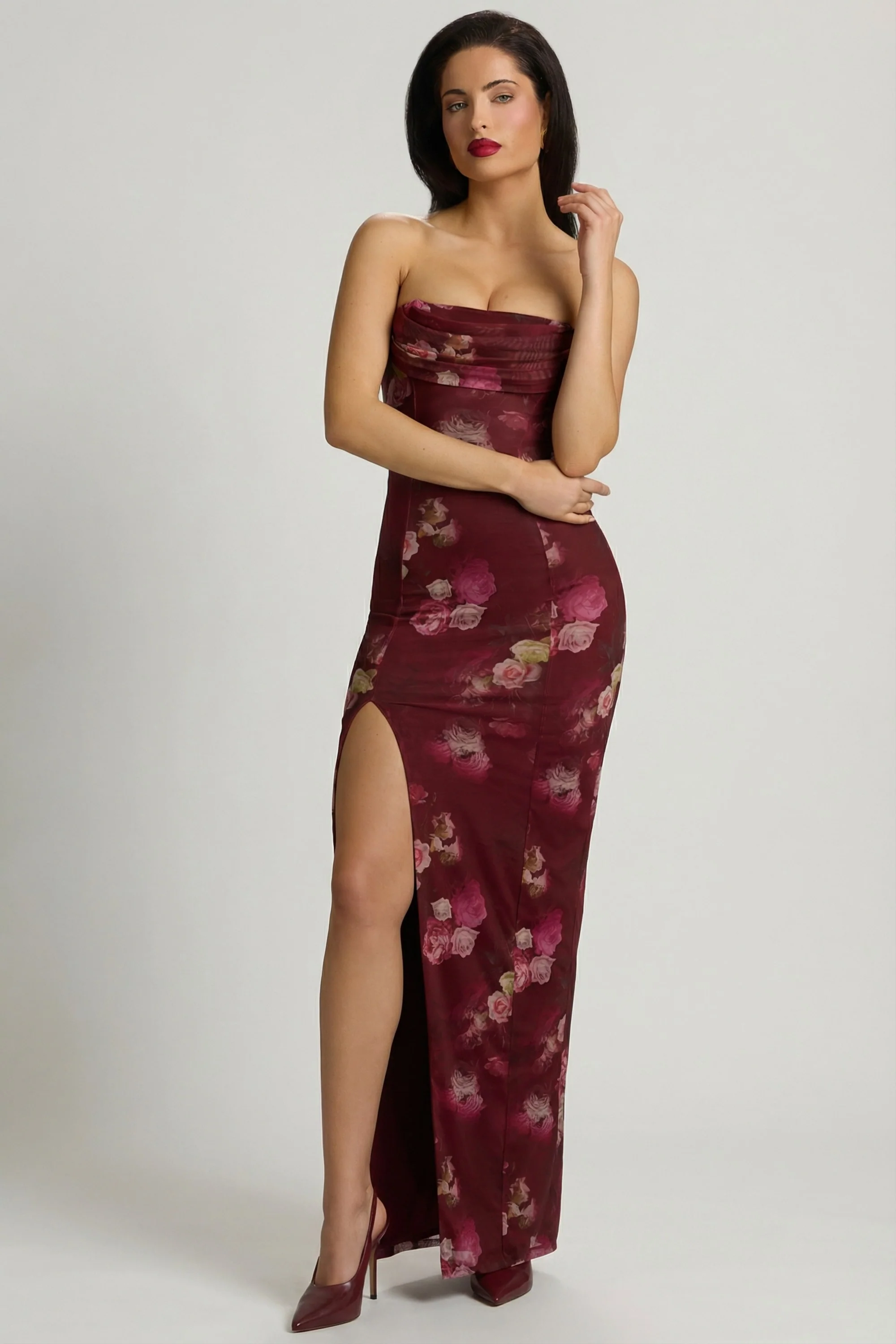 Bandeau Cowl-Neck Maxi Dress in Maroon Floral Print - Image 7