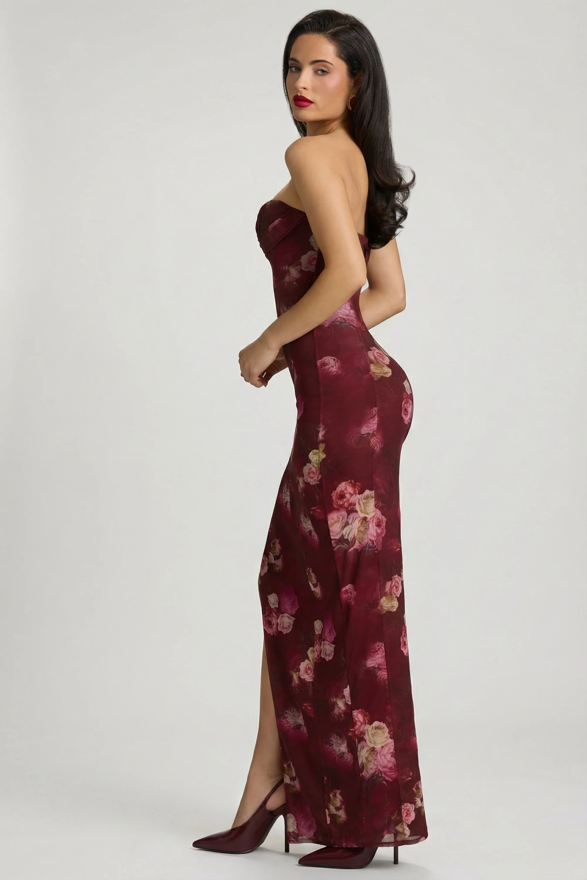 Bandeau Cowl-Neck Maxi Dress in Maroon Floral Print - Image 8