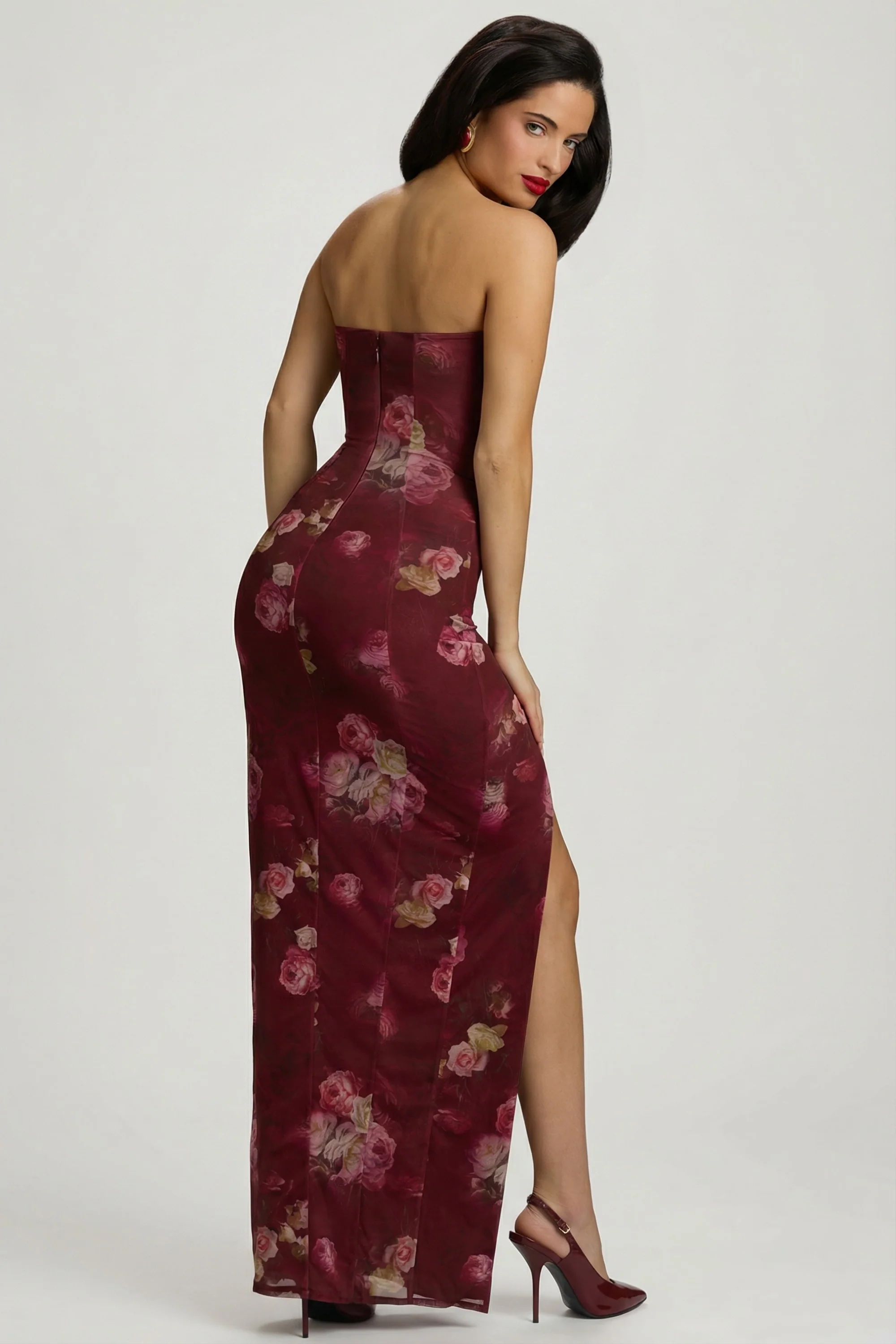 Bandeau Cowl-Neck Maxi Dress in Maroon Floral Print - Image 9