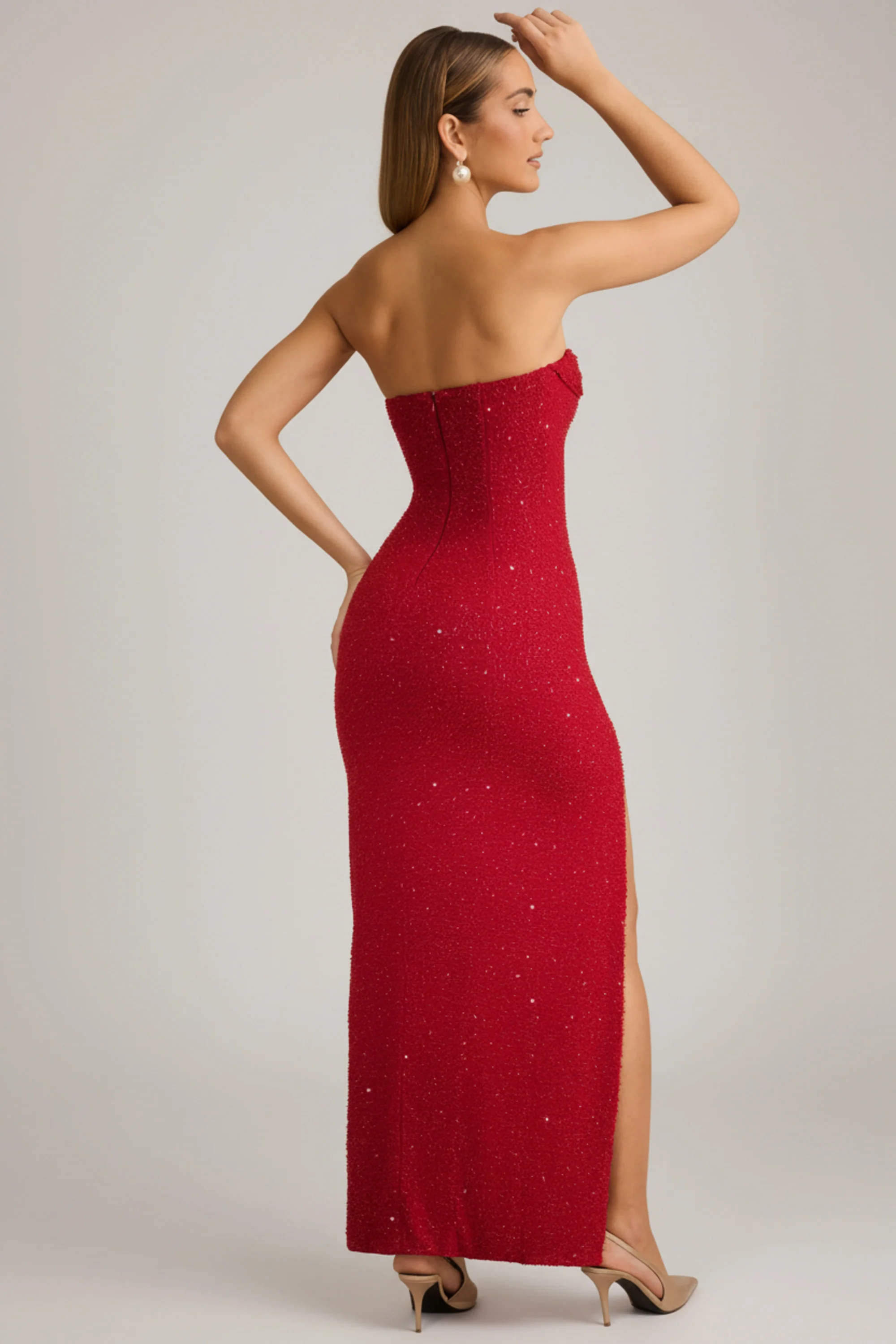 Embellished Strapless Cowl-Neck Maxi Dress in True Red - Image 2