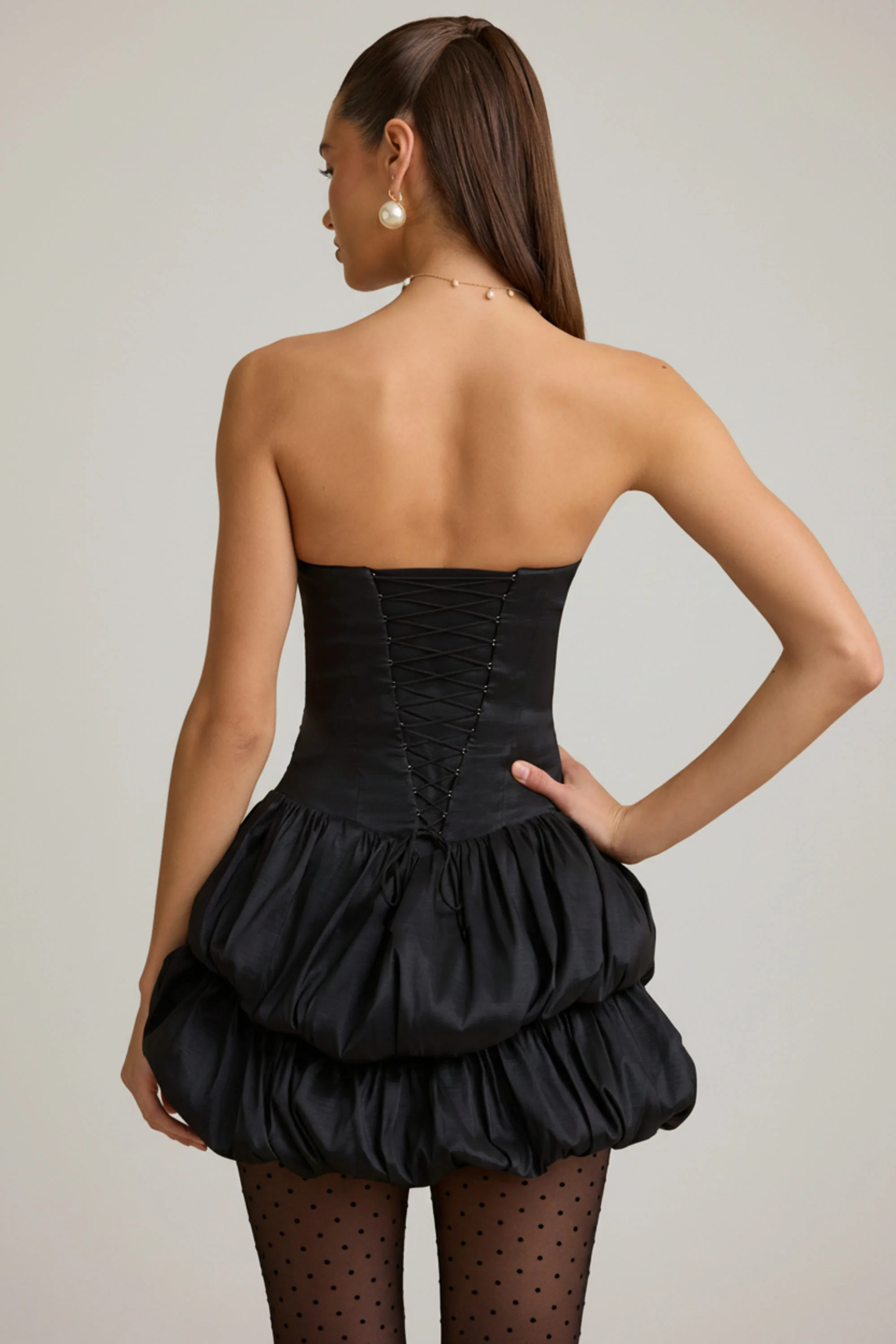 Satin Bubble Hem Corset Mini Dress in Black - Image 2