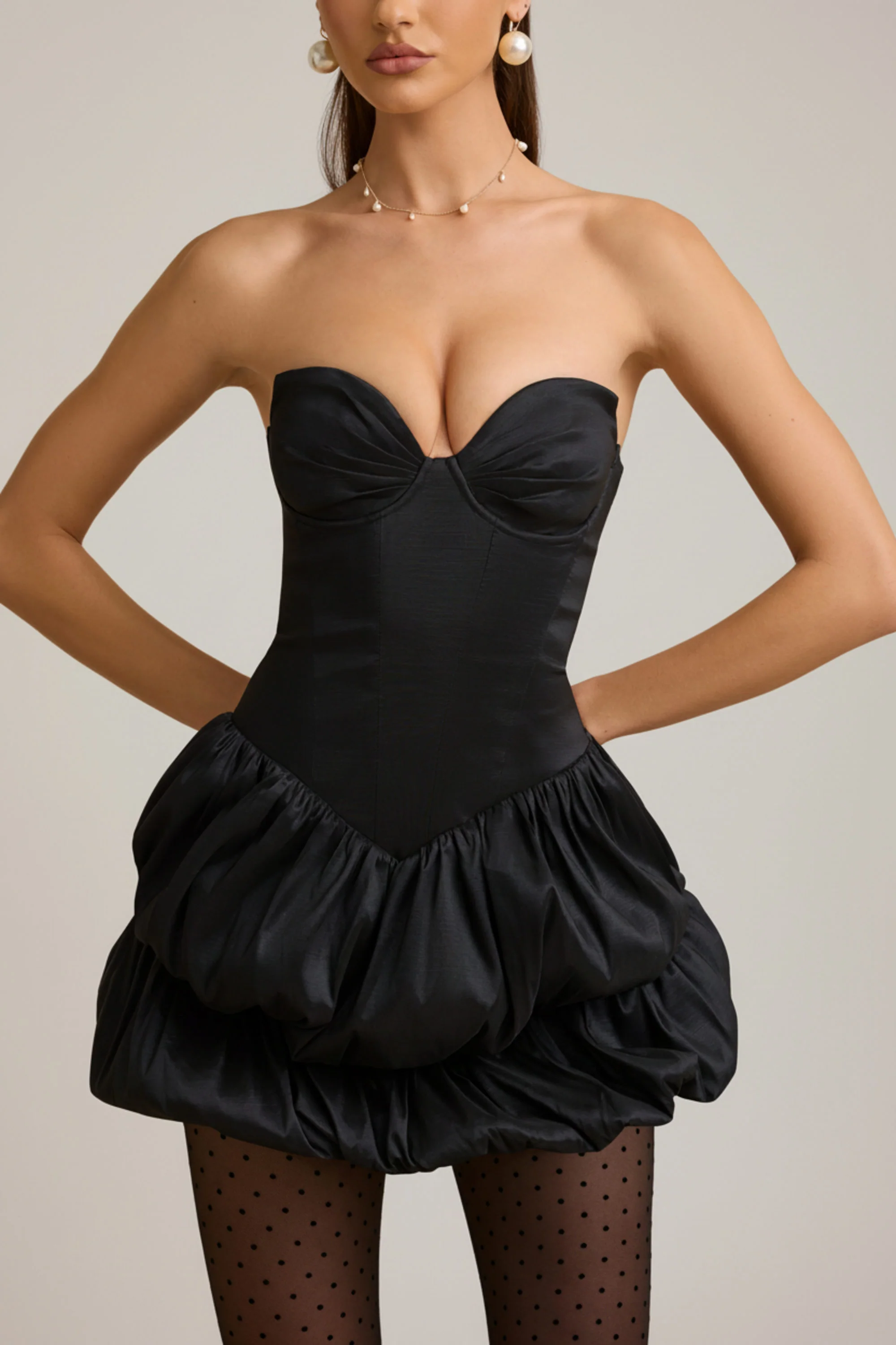 Satin Bubble Hem Corset Mini Dress in Black - Image 4