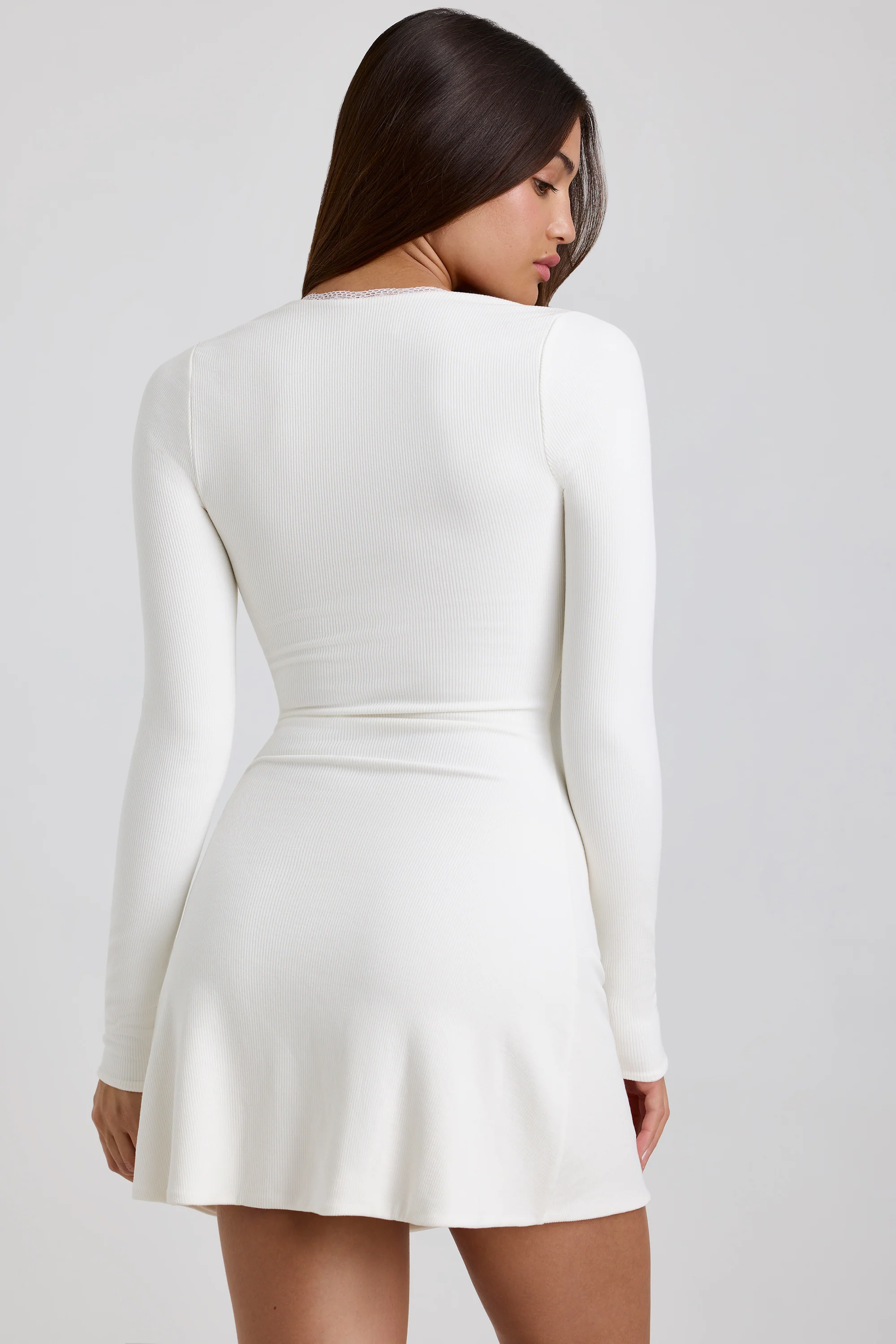 Ribbed Modal Lace-Trim Mini Dress in White - Image 2