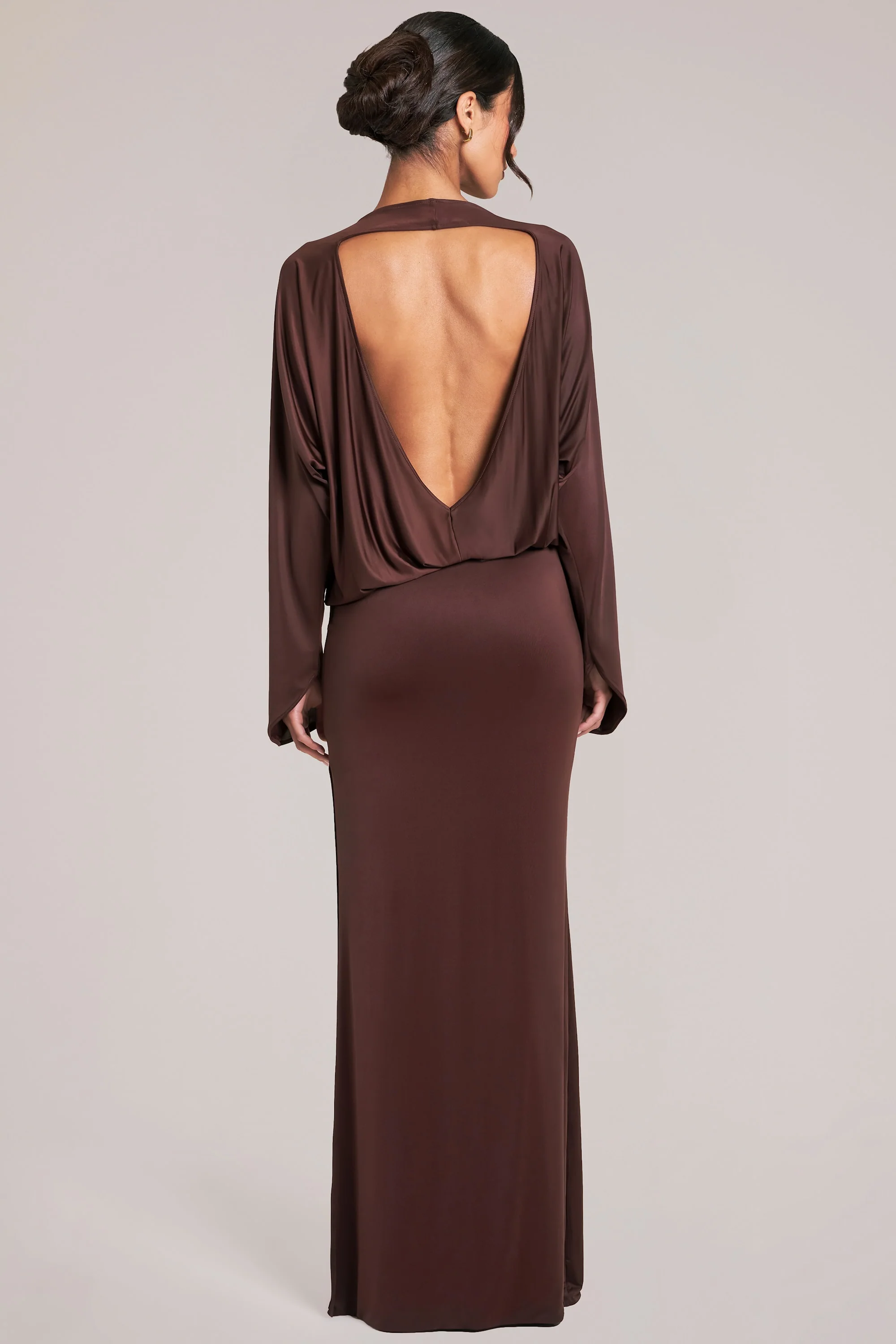 Long-Sleeve Draped Maxi Dress in Chocolate Brown - Image 4