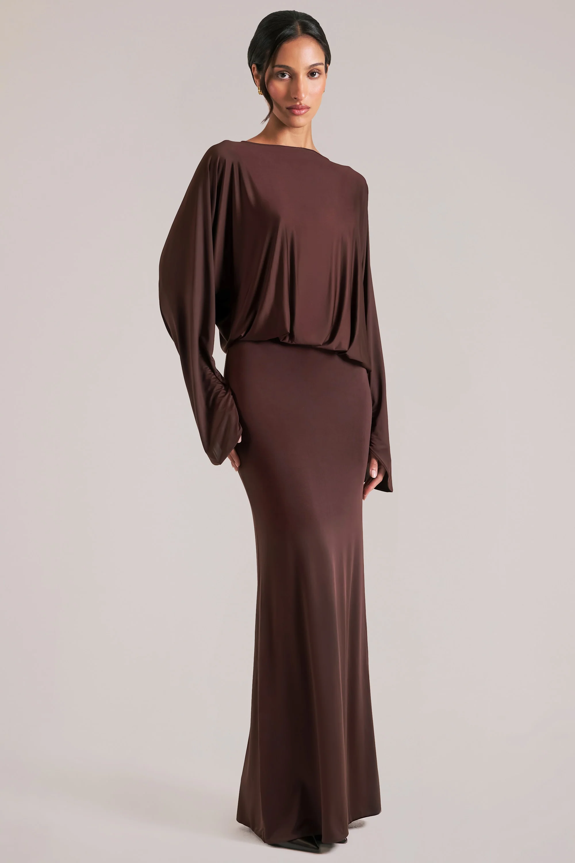 Long-Sleeve Draped Maxi Dress in Chocolate Brown - Image 6