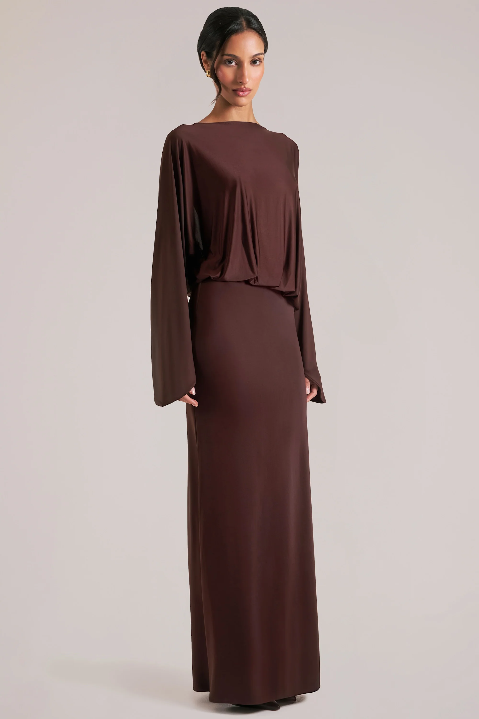 Long-Sleeve Draped Maxi Dress in Chocolate Brown - Image 7