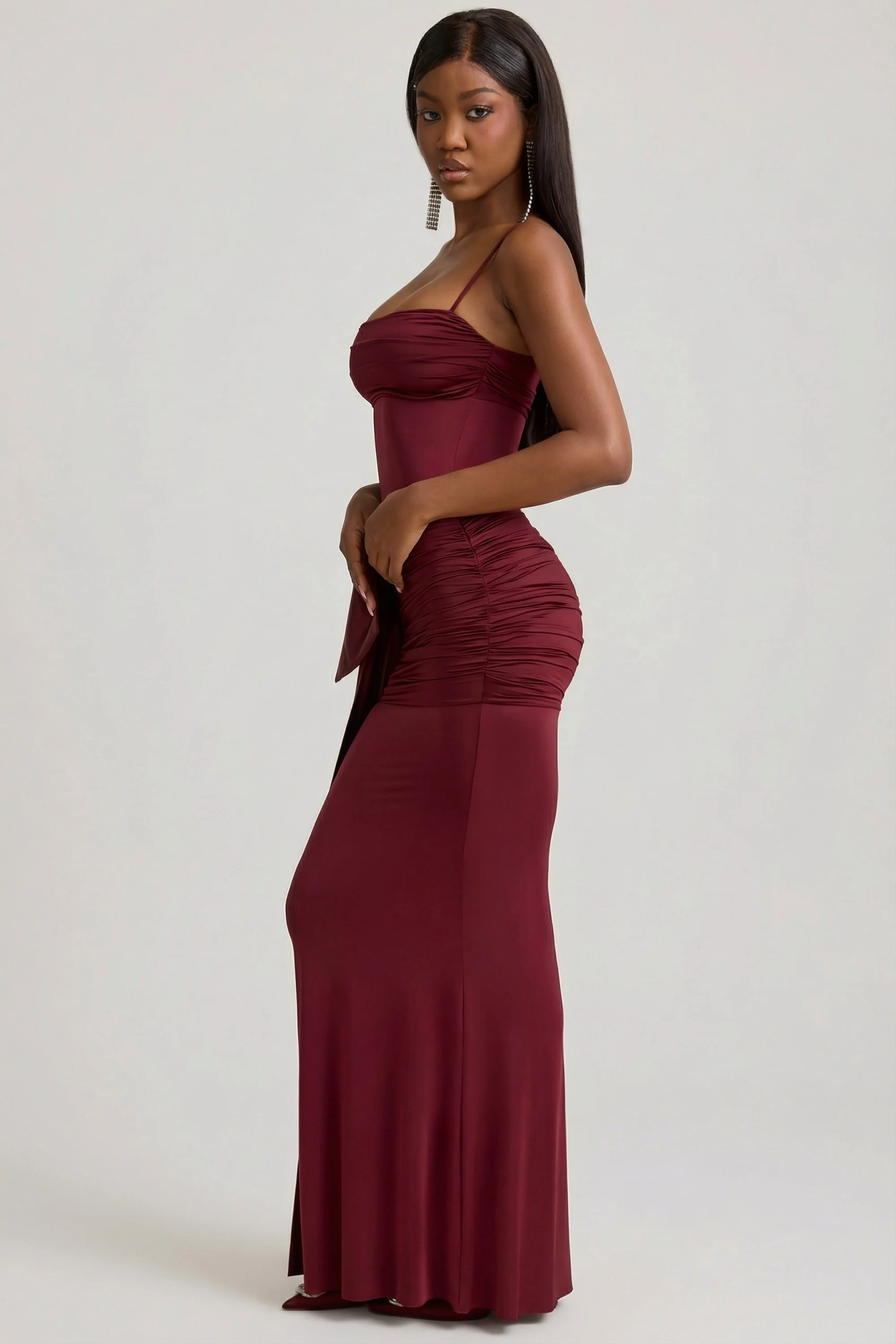 Bow-Detail Ruched Maxi Dress in Wine Red - Image 3