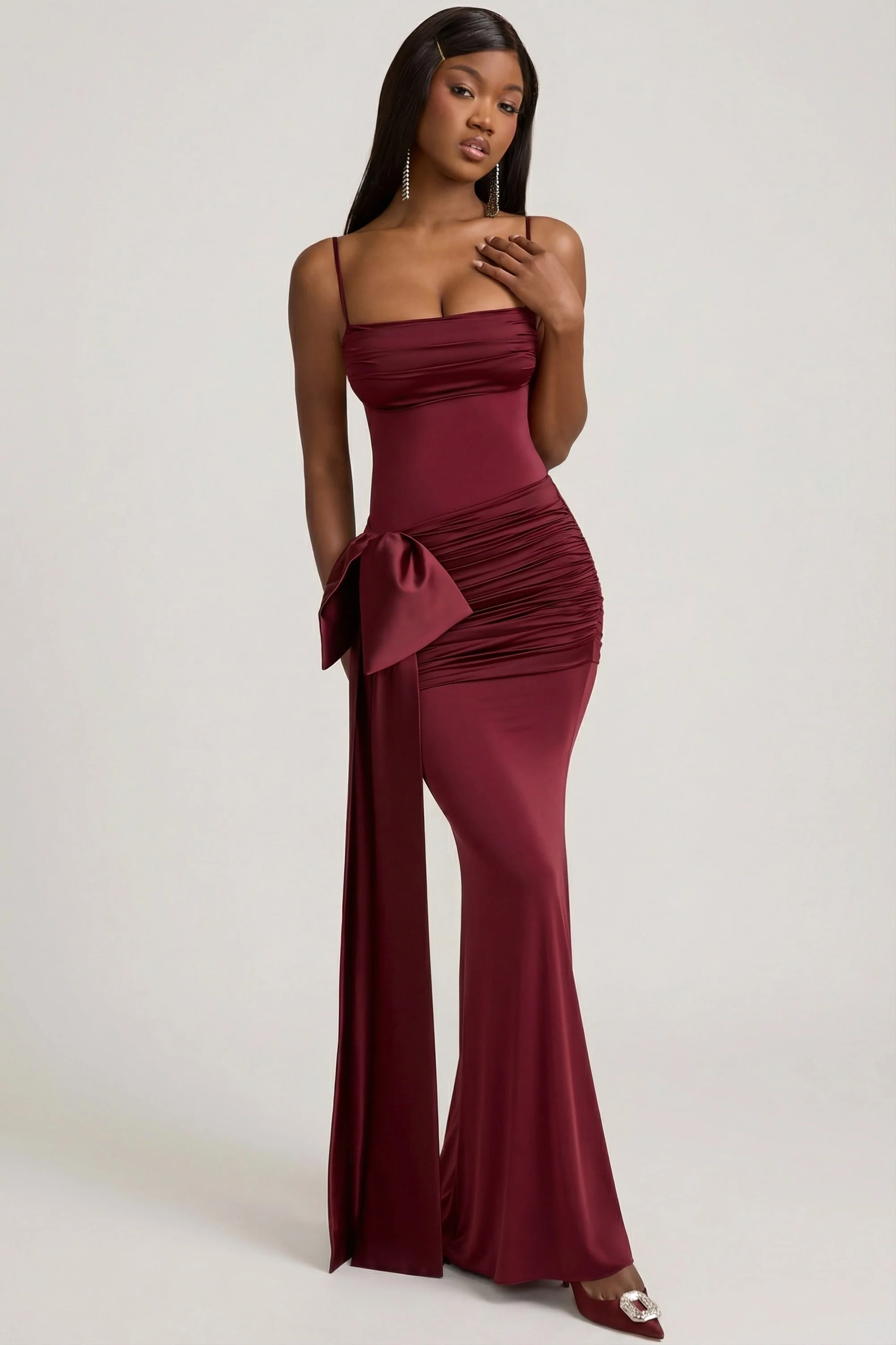 Bow-Detail Ruched Maxi Dress in Wine Red - Image 4