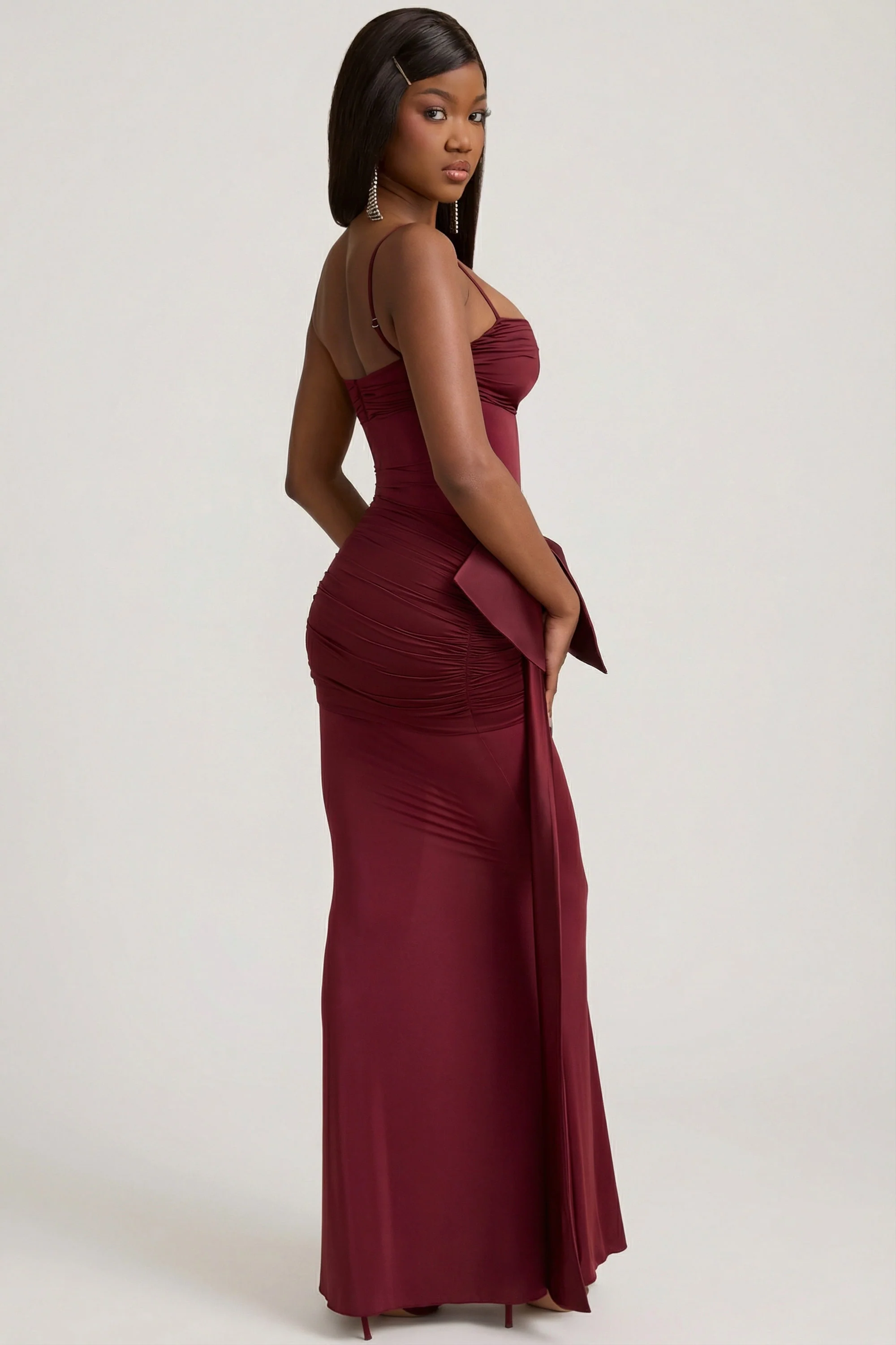 Bow-Detail Ruched Maxi Dress in Wine Red - Image 7