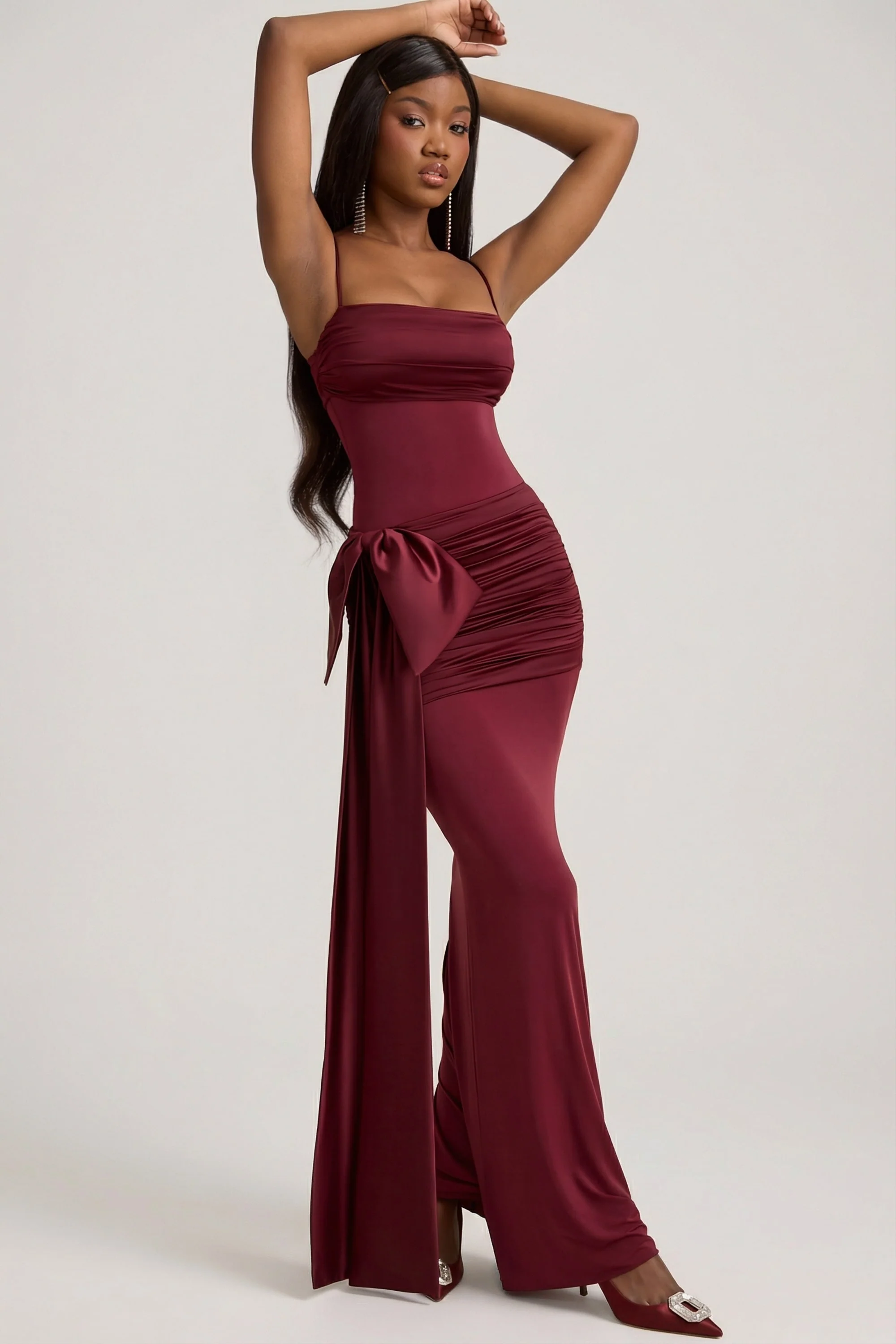 Bow-Detail Ruched Maxi Dress in Wine Red - Image 8