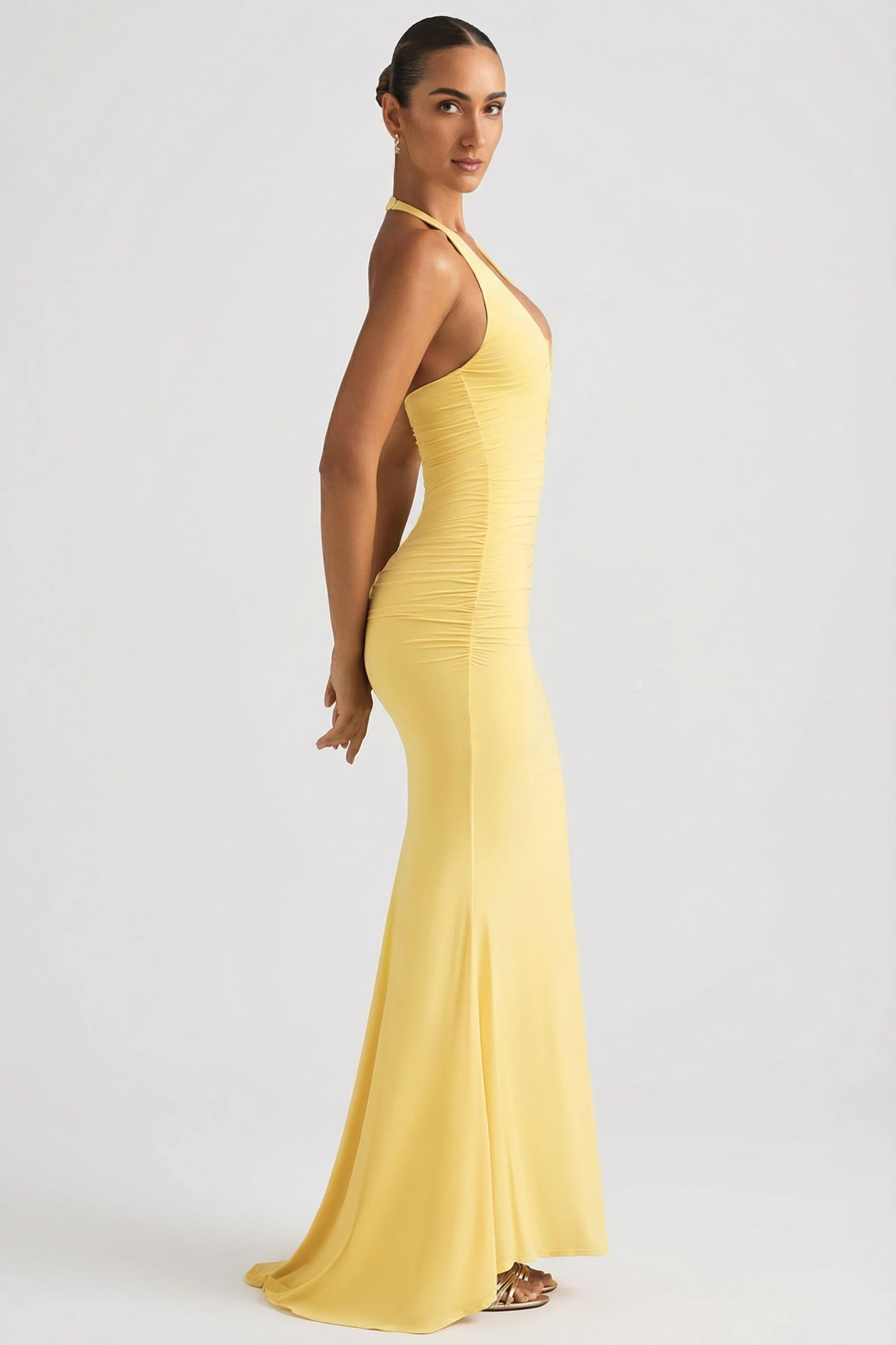 Ruched Backless Halterneck Gown in Pastel Yellow - Image 3
