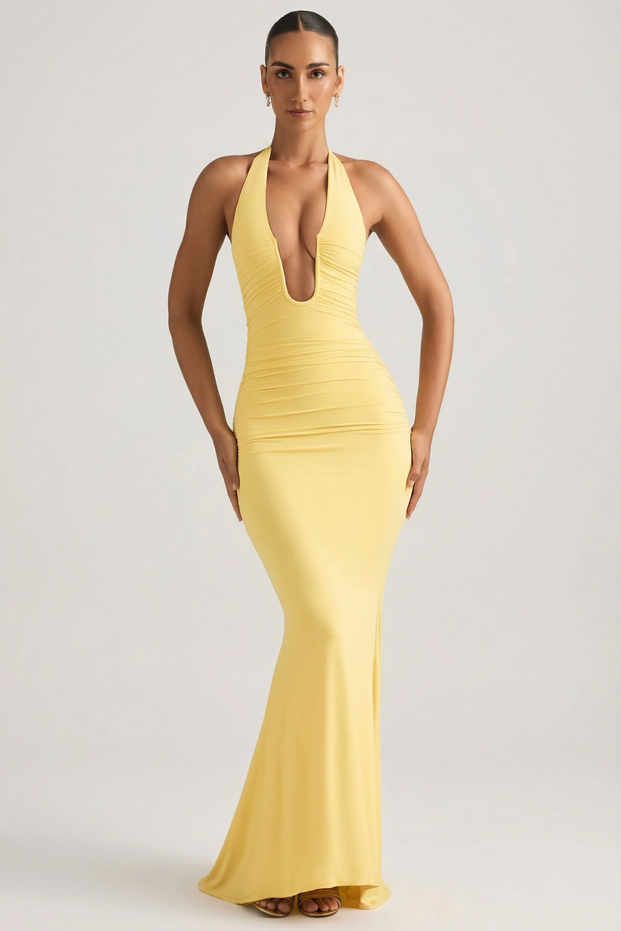 Ruched Backless Halterneck Gown in Pastel Yellow - Image 5