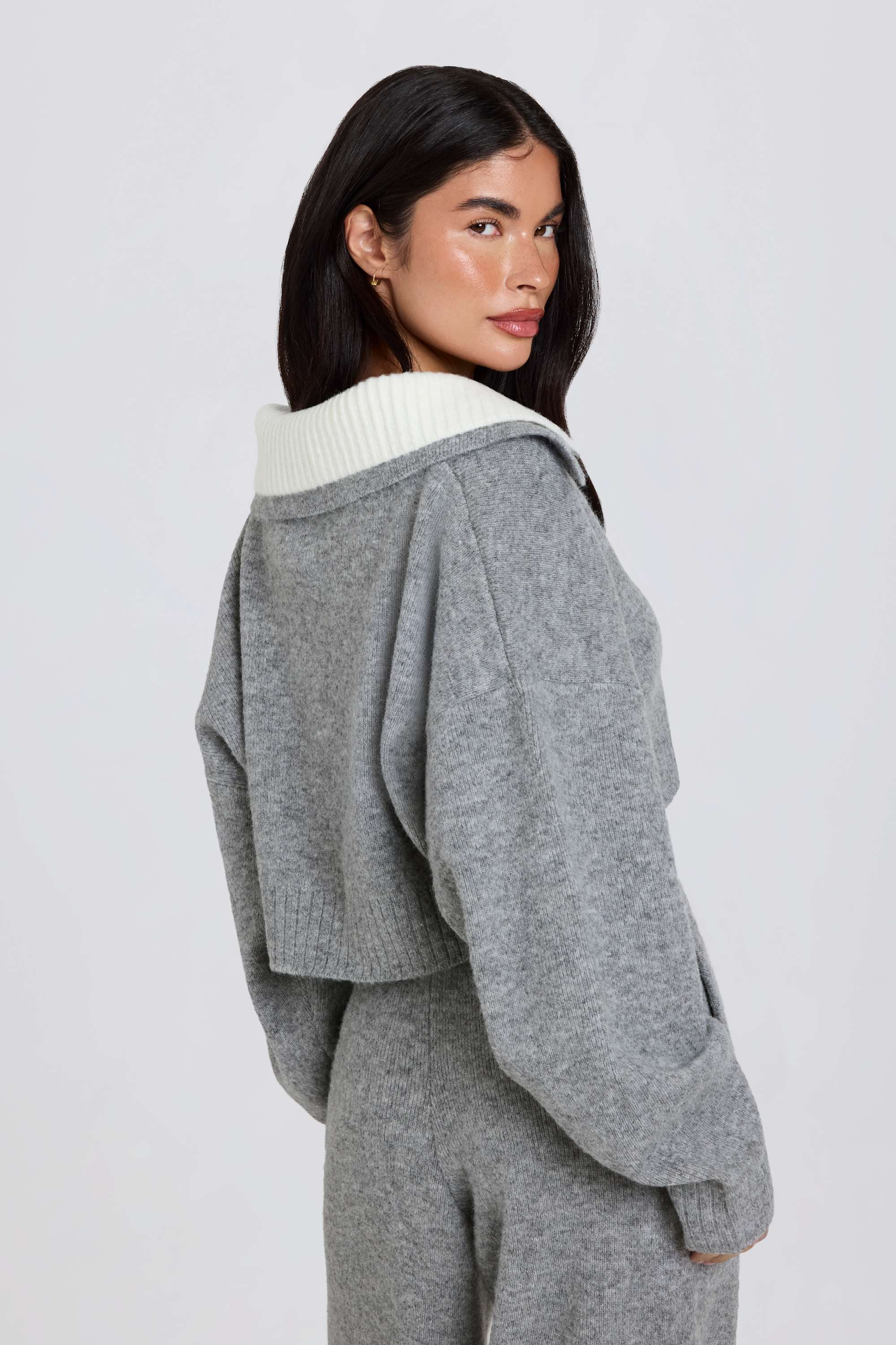 Soft Knit Layered Collar Cropped Jumper in Grey - Image 2