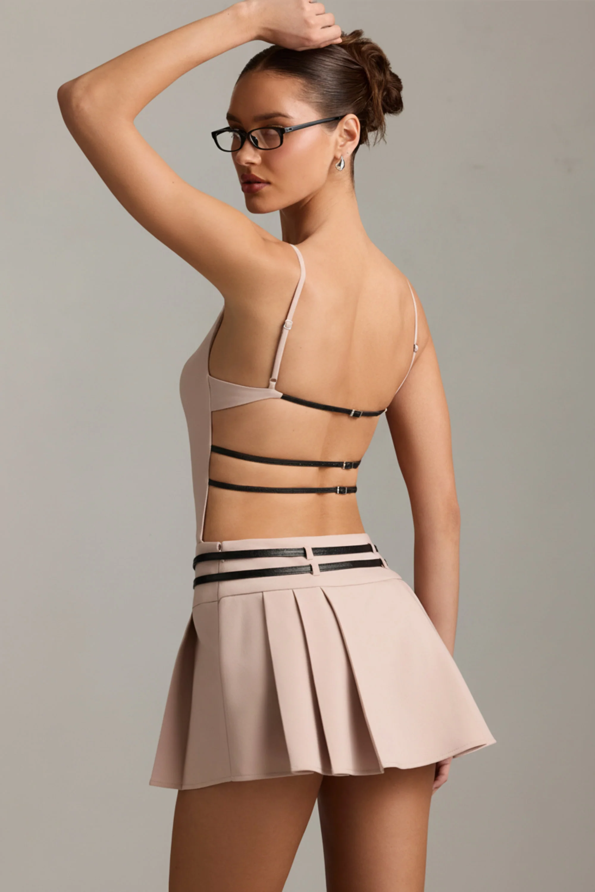 Belted Backless Pleated Mini Dress in Mushroom - Image 2