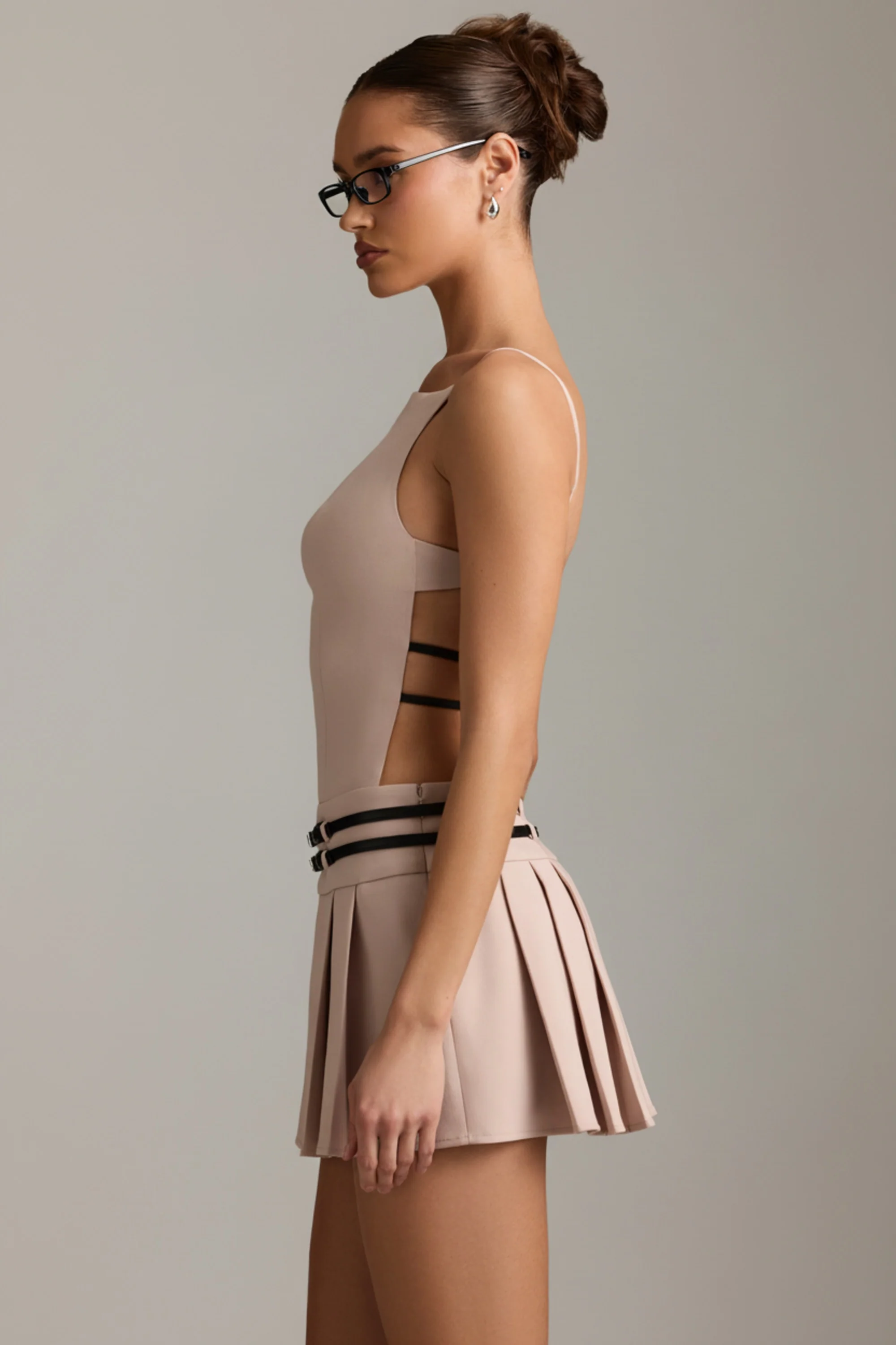 Belted Backless Pleated Mini Dress in Mushroom - Image 3