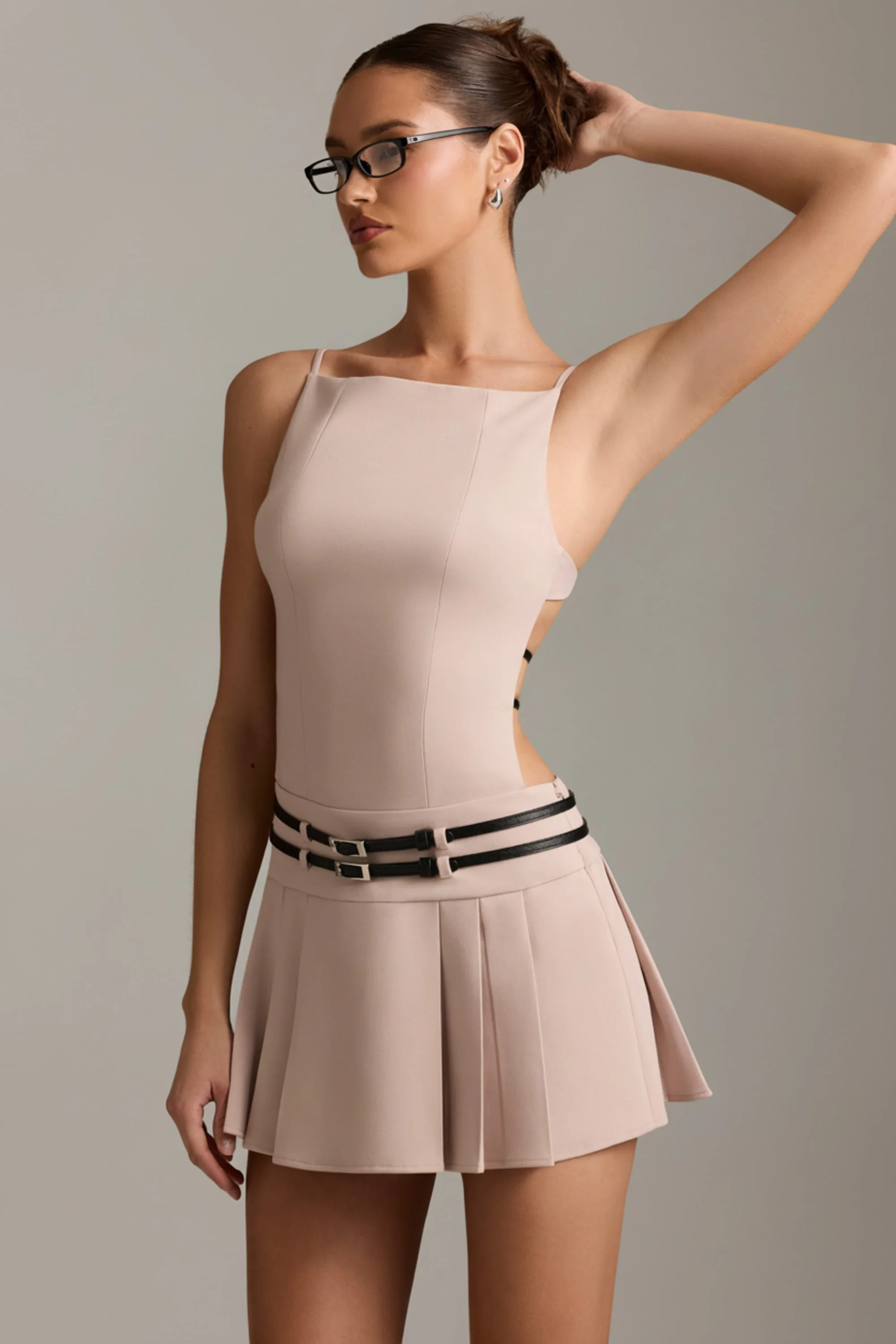 Belted Backless Pleated Mini Dress in Mushroom - Image 6