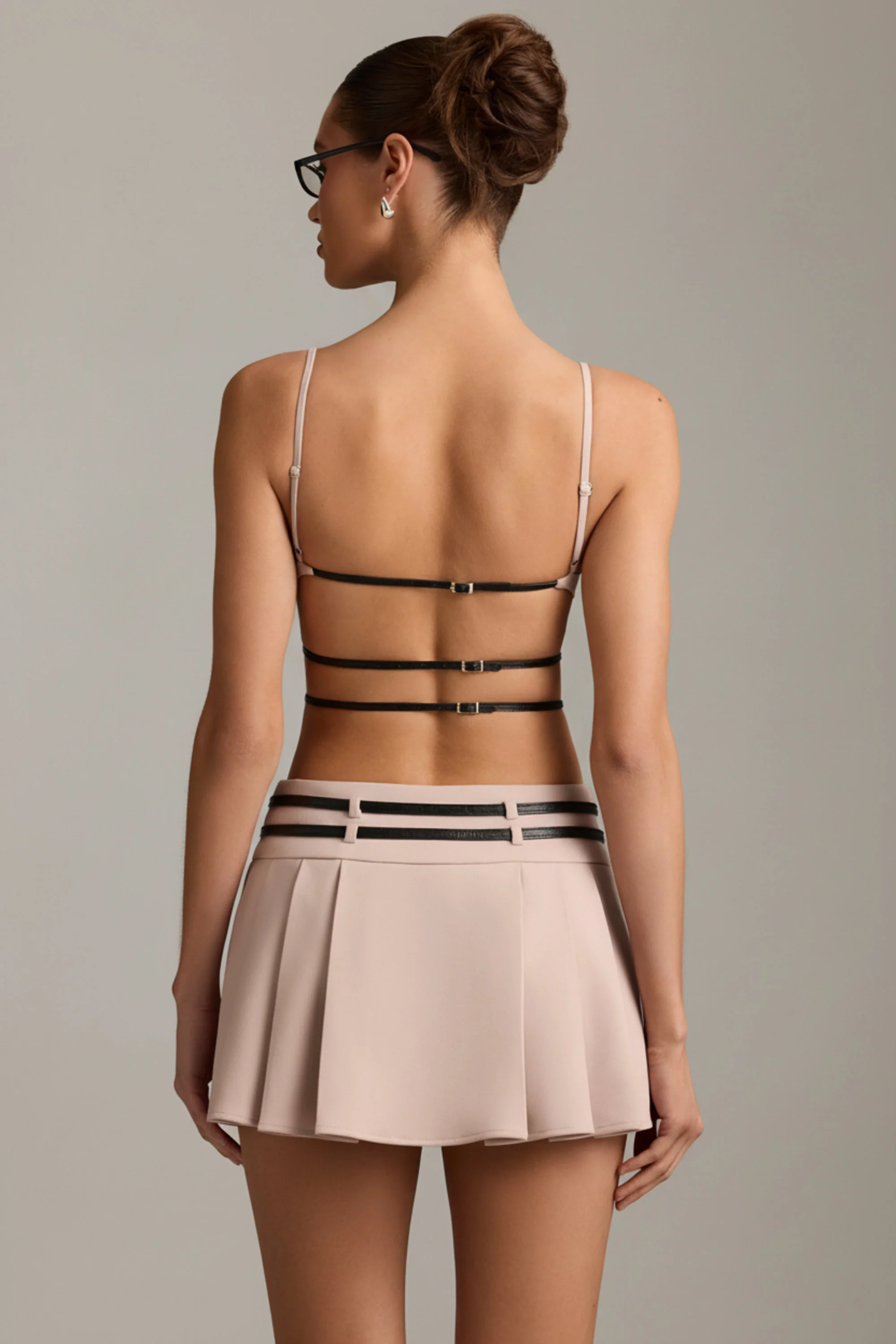 Belted Backless Pleated Mini Dress in Mushroom - Image 7