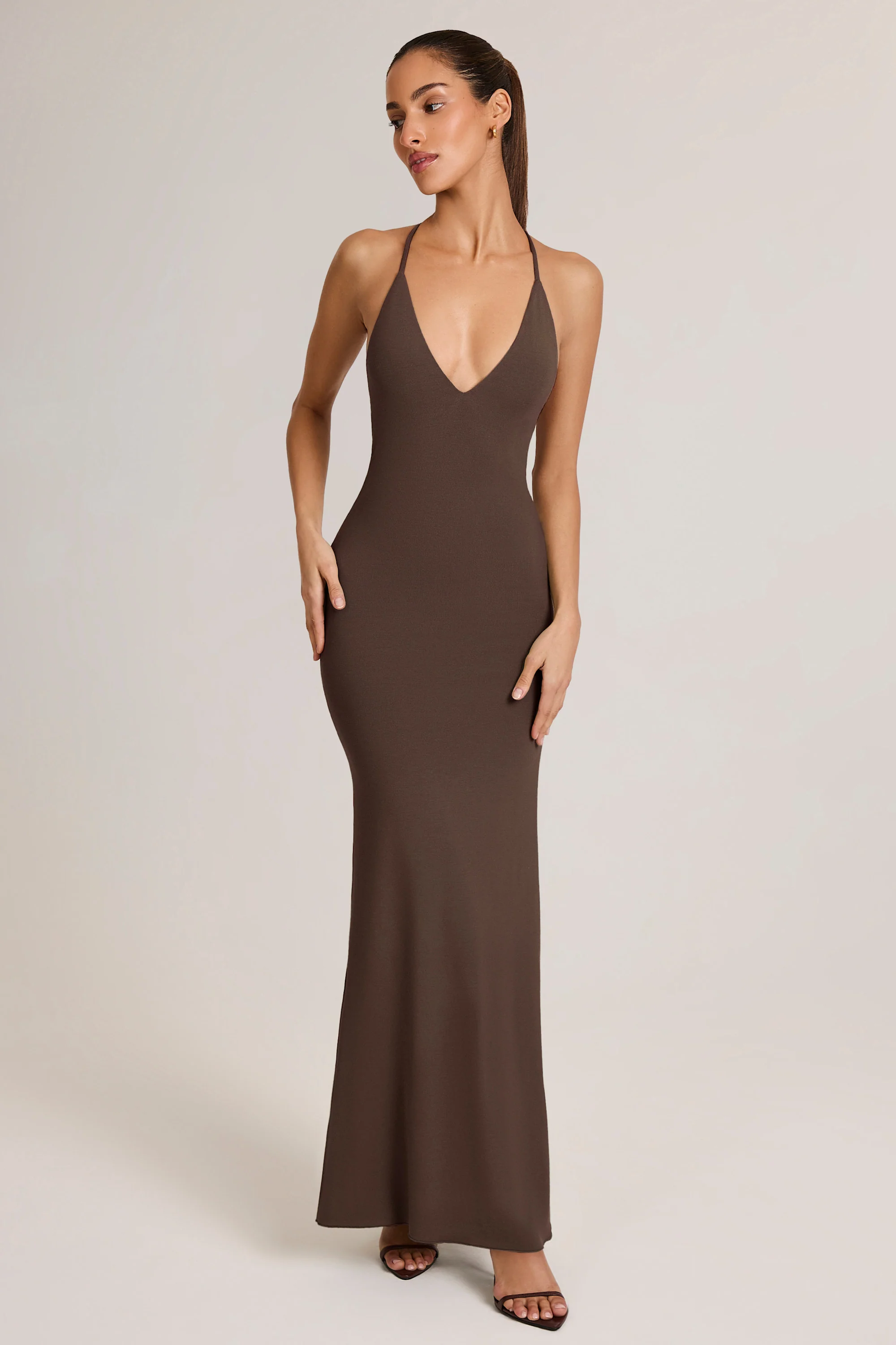 Modal Plunge Backless Maxi Dress in Chocolate Brown - Image 2