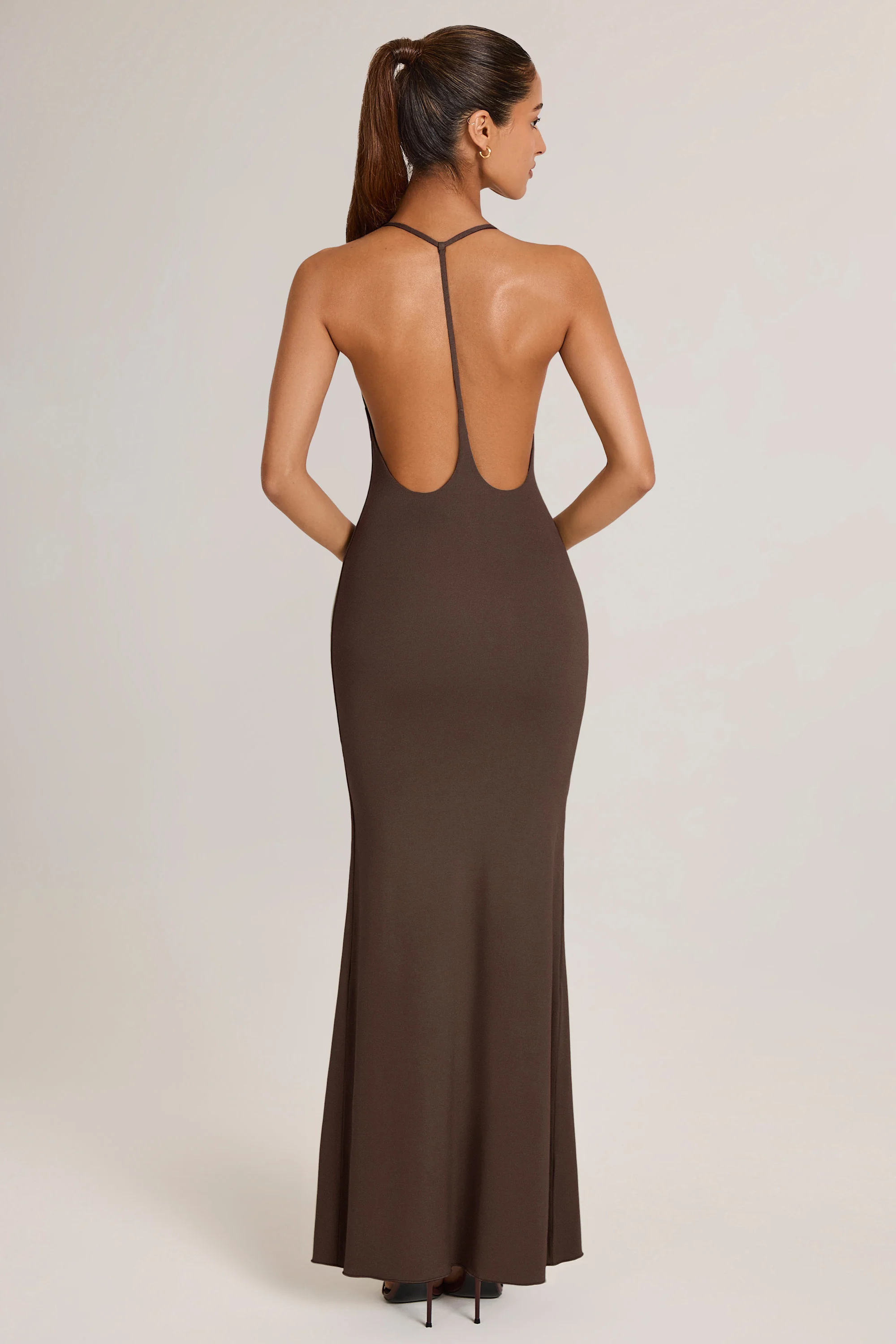 Modal Plunge Backless Maxi Dress in Chocolate Brown - Image 3