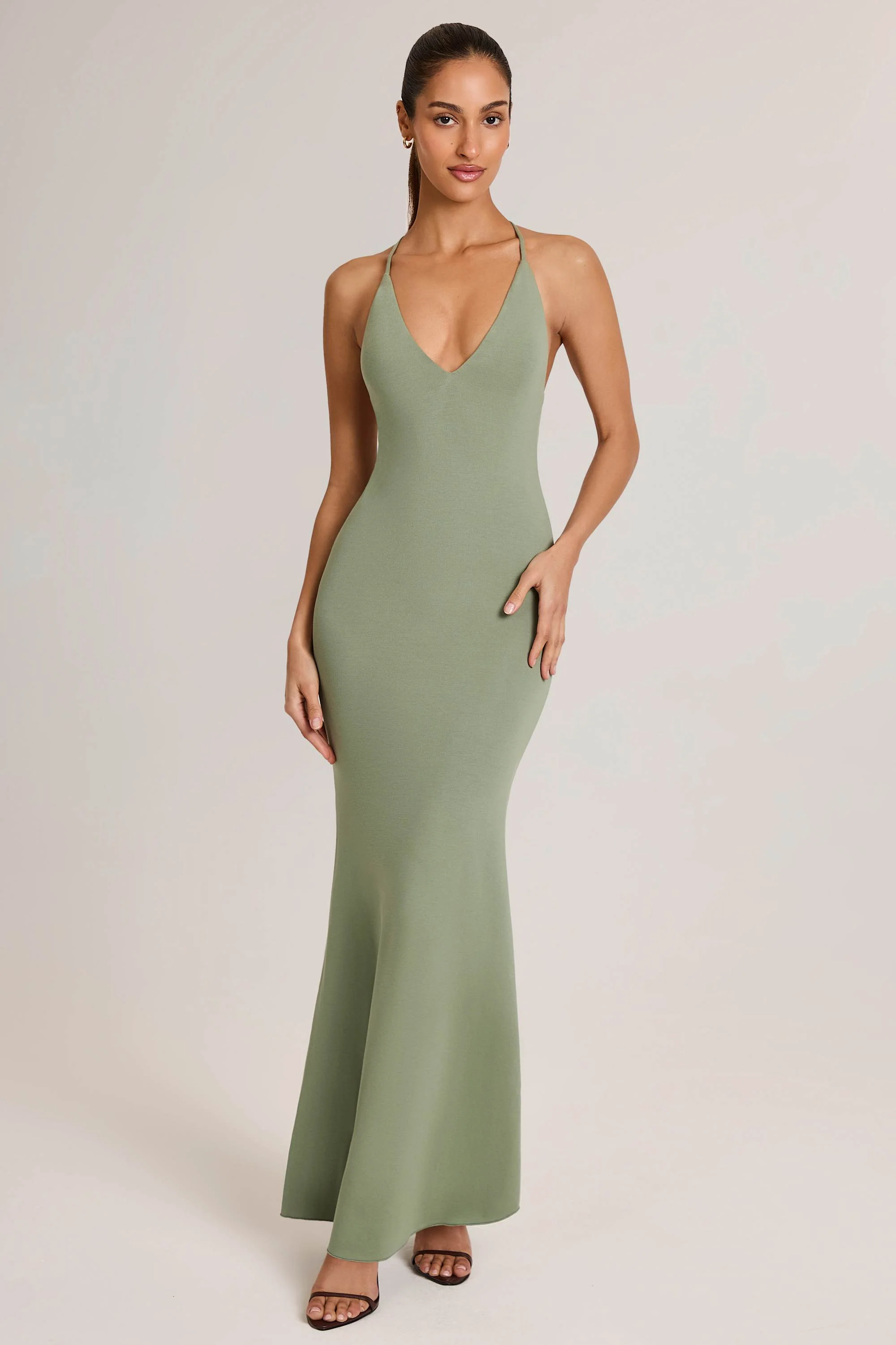 Modal Plunge Backless Maxi Dress in Sage Green - Image 2