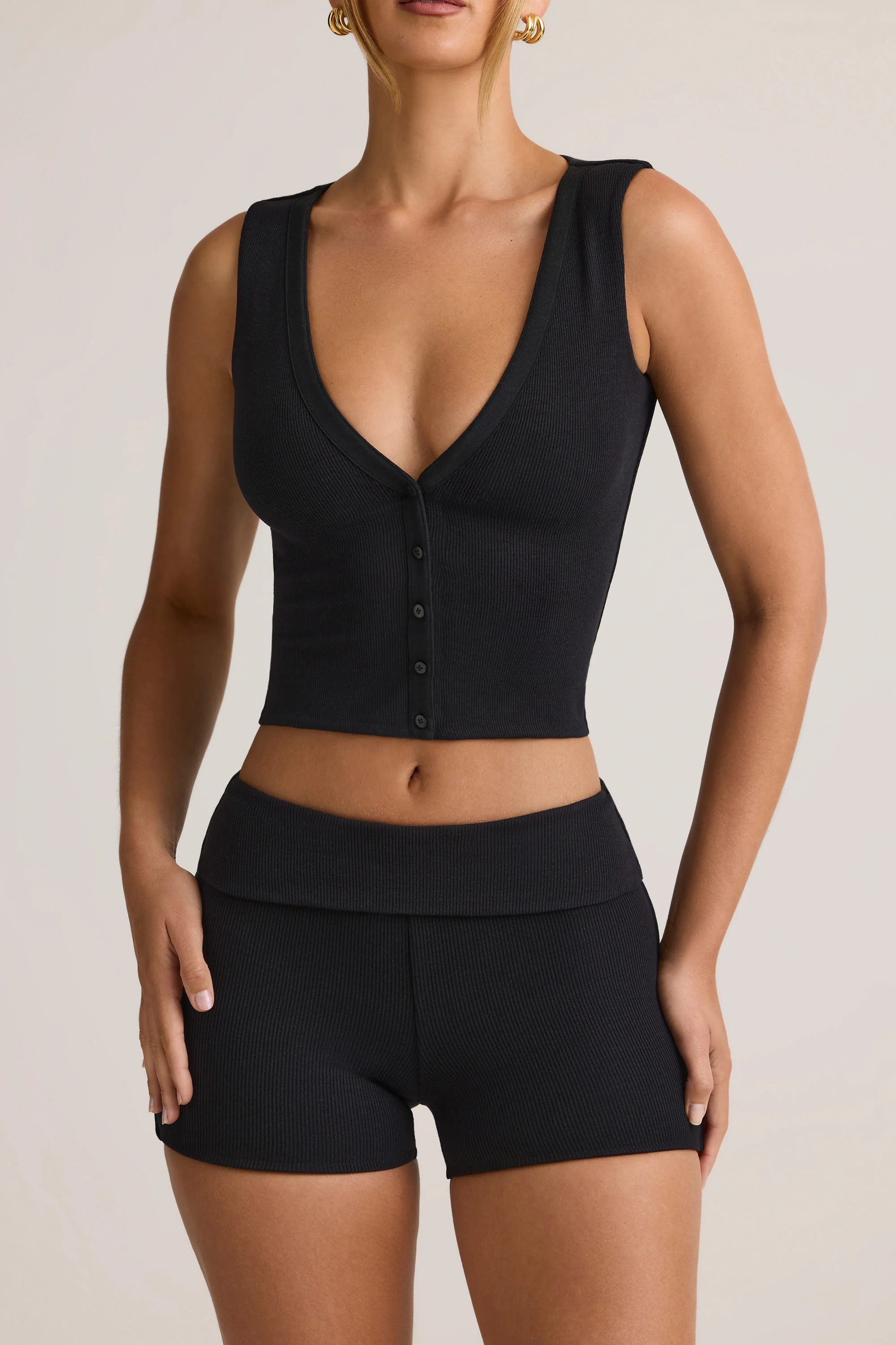 Modal Ribbed Button-Up Vest Top in Black - Image 2