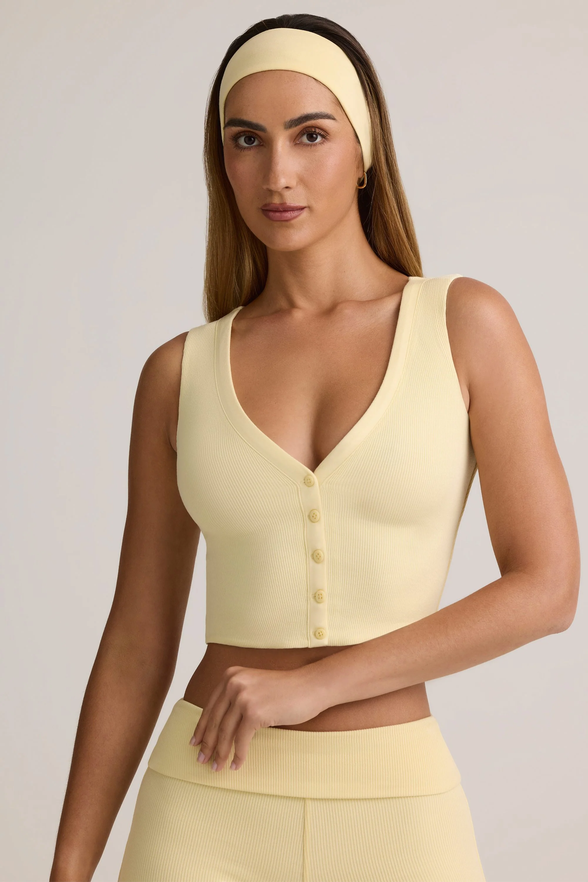 Modal Ribbed Button-Up Vest Top in Buttercream Yellow - Image 5