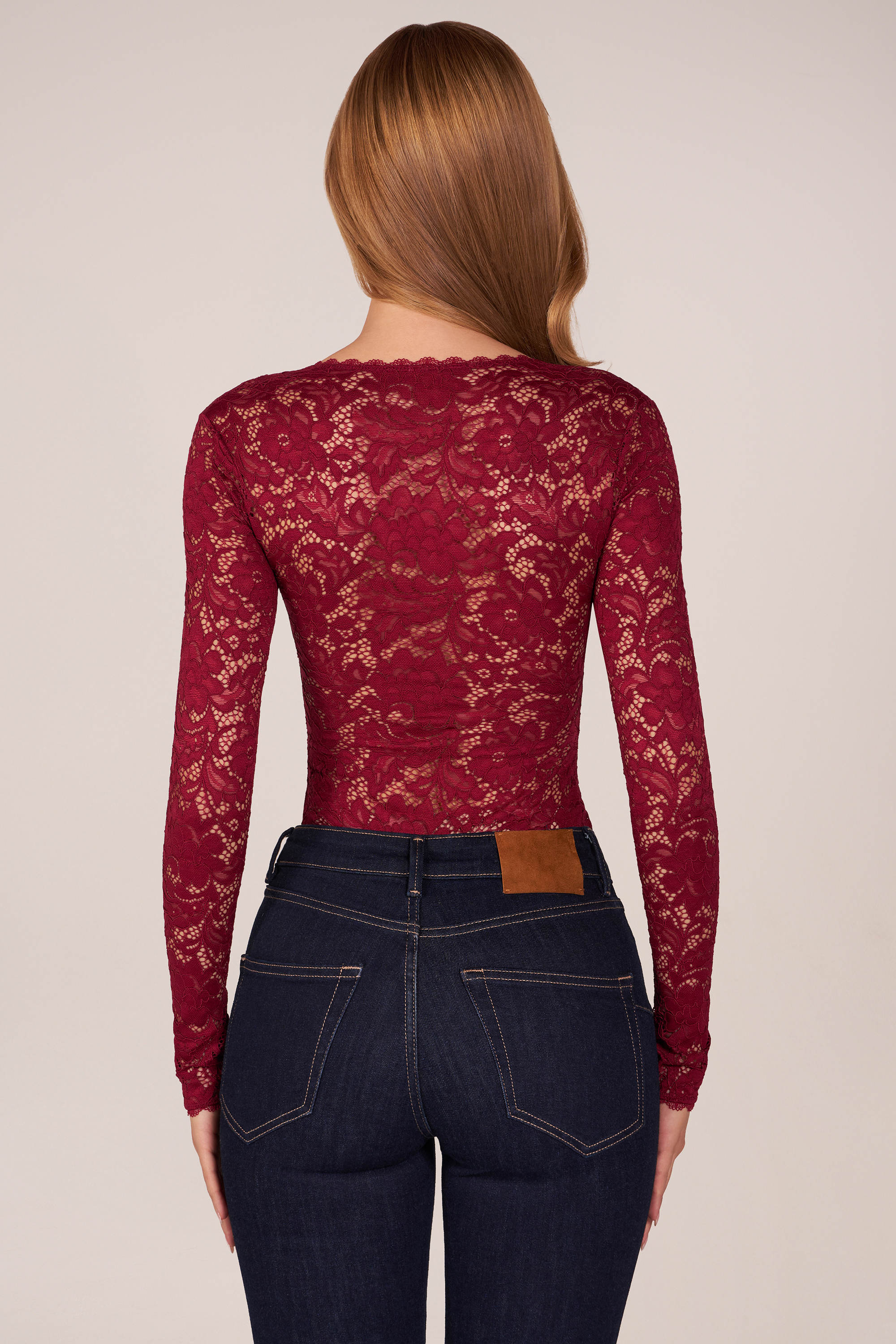 Long-Sleeve Laced Bodysuit in Wine - Image 3