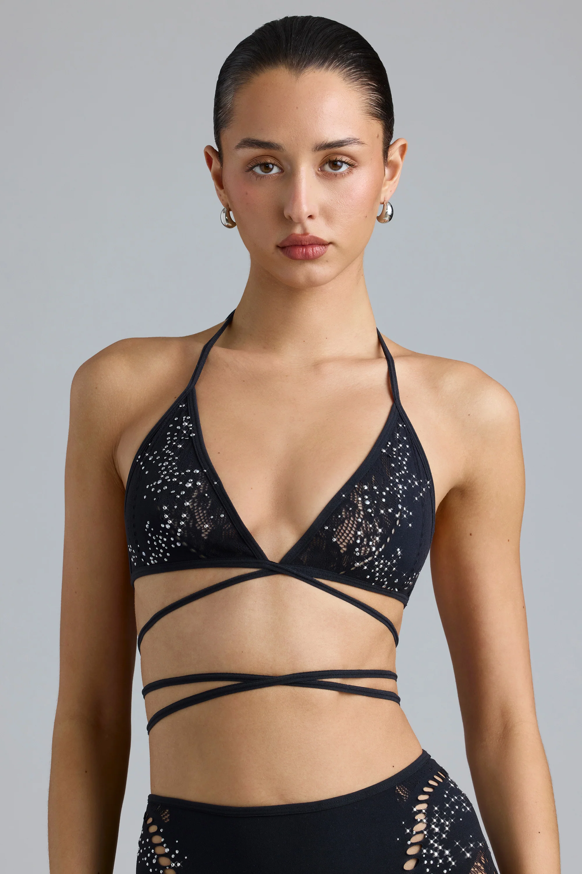 Embellished Cross-Strap Bikini Top in Black - Image 5