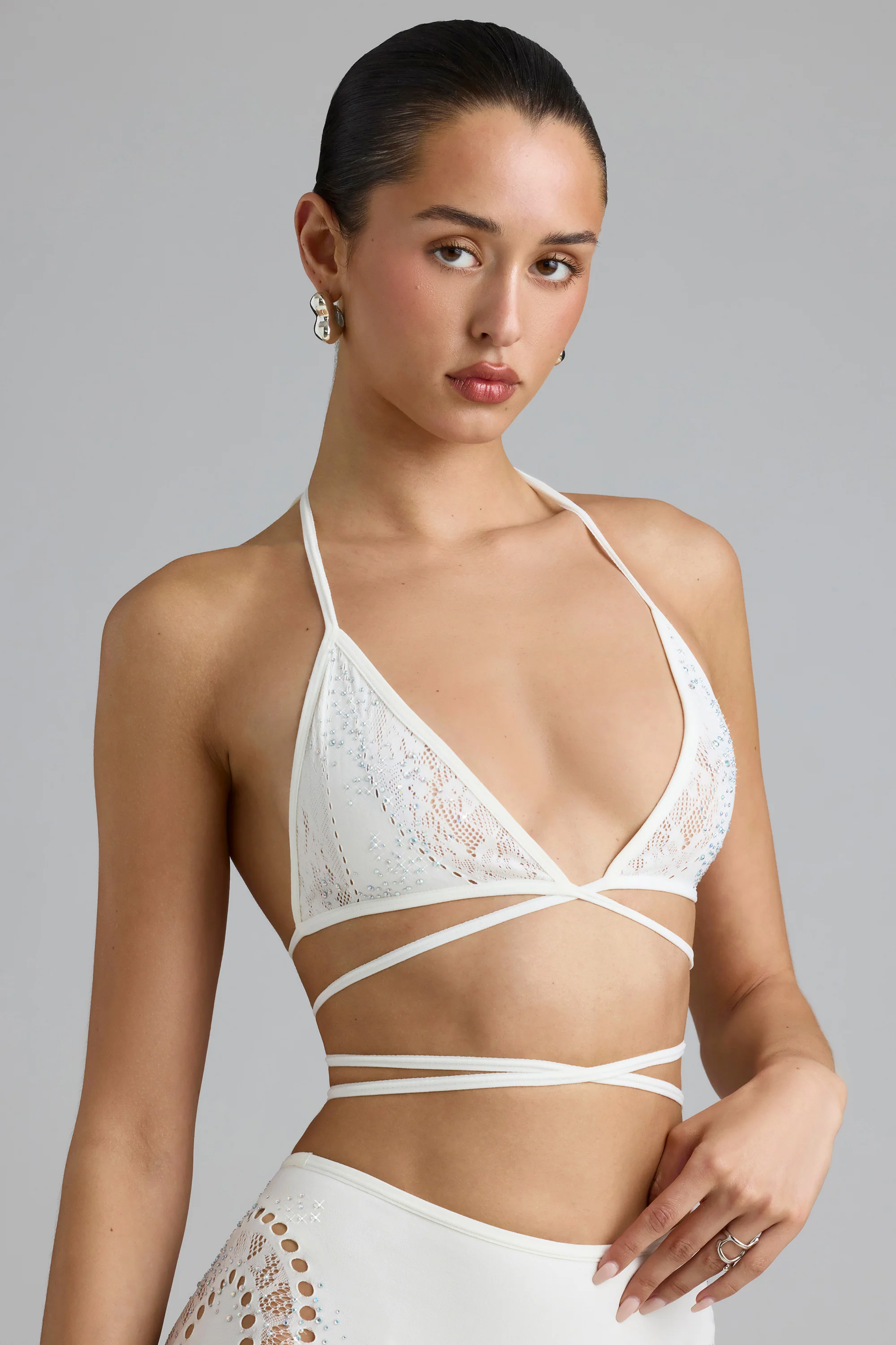 Embellished Cross-Strap Bikini Top in Ivory - Image 6