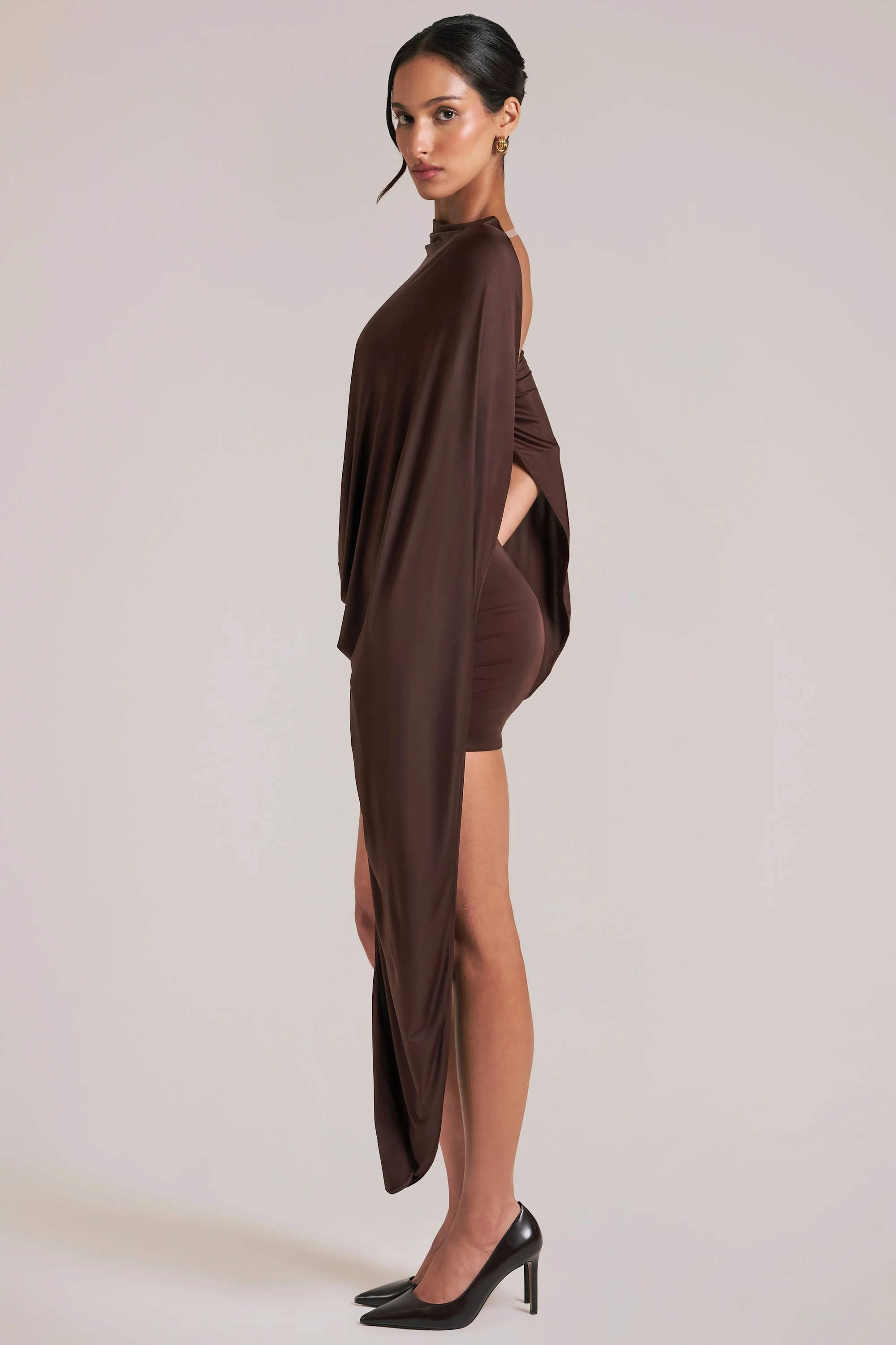 Draped Cape Mini Dress in Chocolate Brown - Image 6