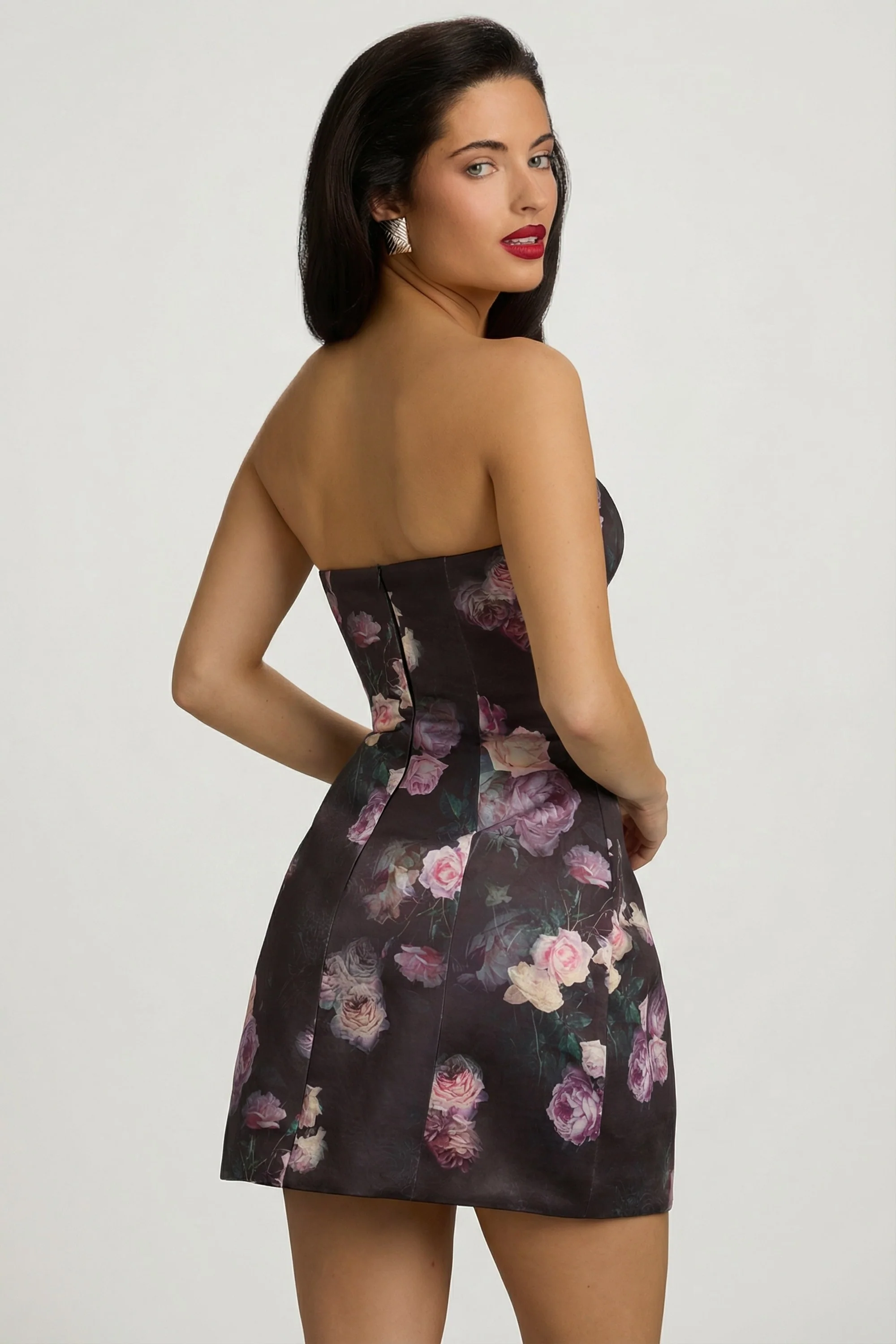 Strapless Structured Tulip Mini Dress in Black Floral Print - Image 16