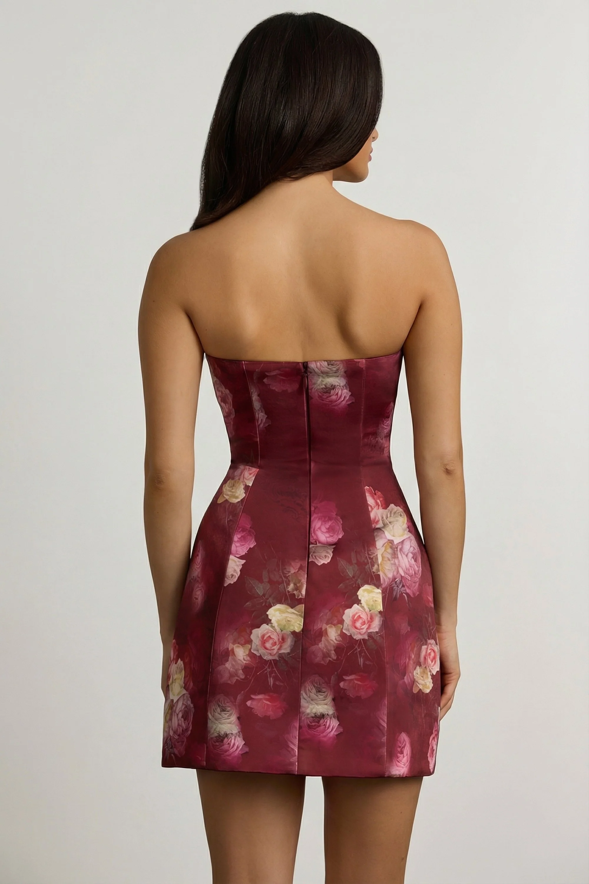 Strapless Structured Tulip Mini Dress in Maroon Floral Print - Image 10