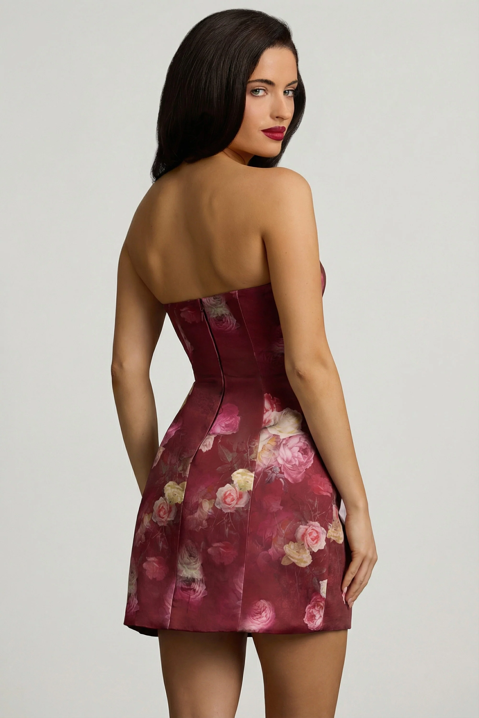 Strapless Structured Tulip Mini Dress in Maroon Floral Print - Image 14