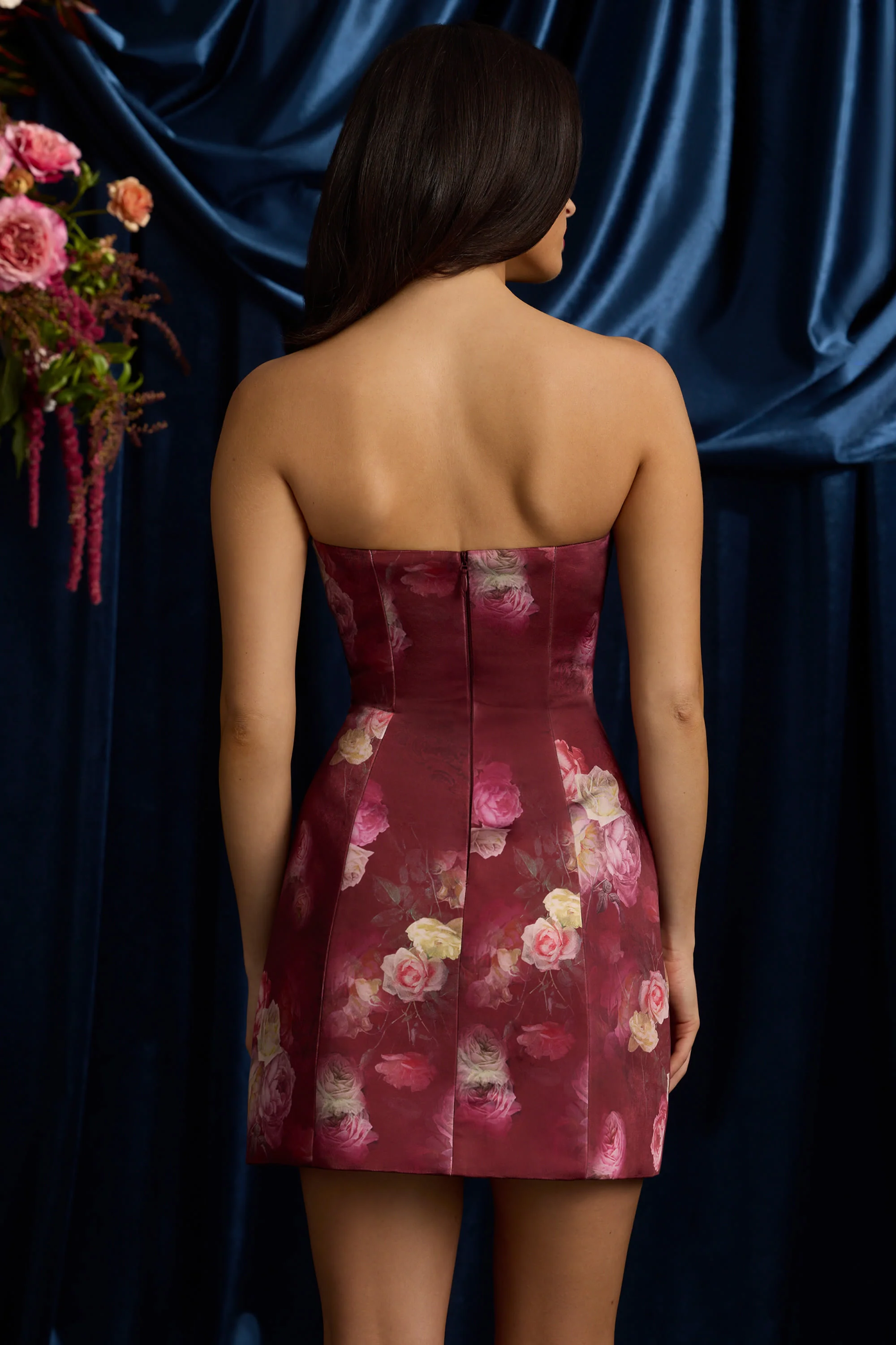 Strapless Structured Tulip Mini Dress in Maroon Floral Print - Image 3